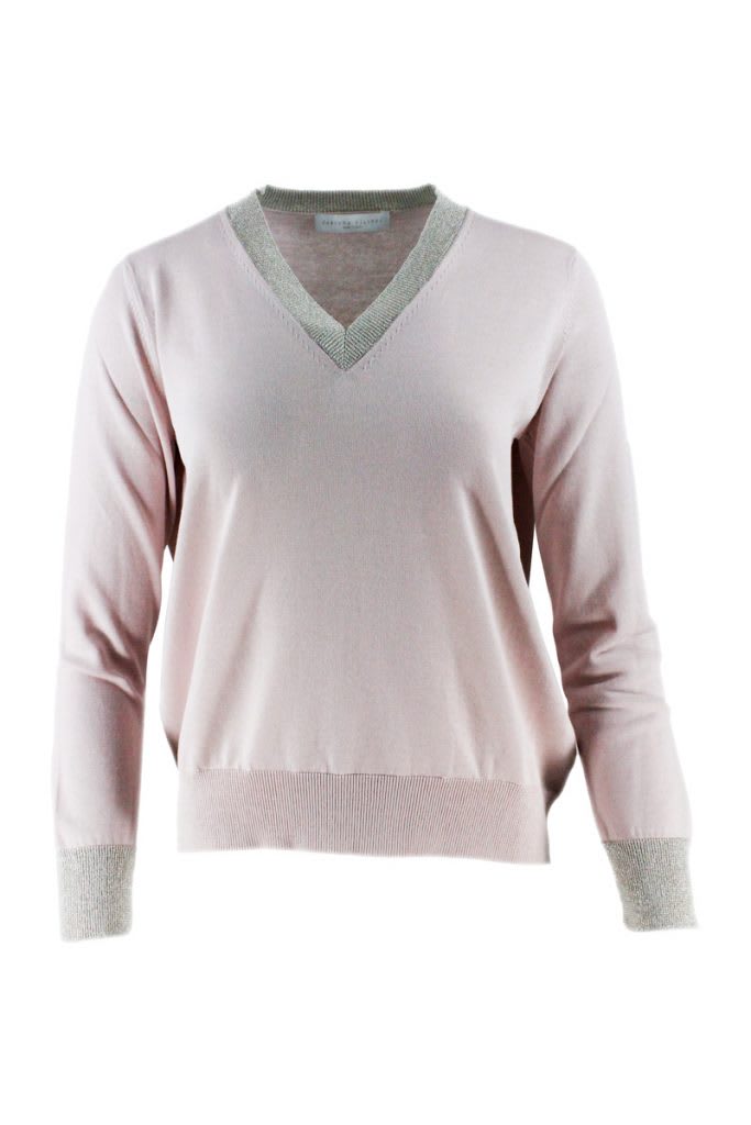 Fabiana Filippi V-neck Long Sleeve Cotton Sweater With Lurex Profile