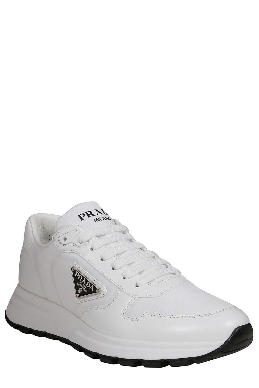 Shop Prada Triangle Logo Lace-up Sneakers In White