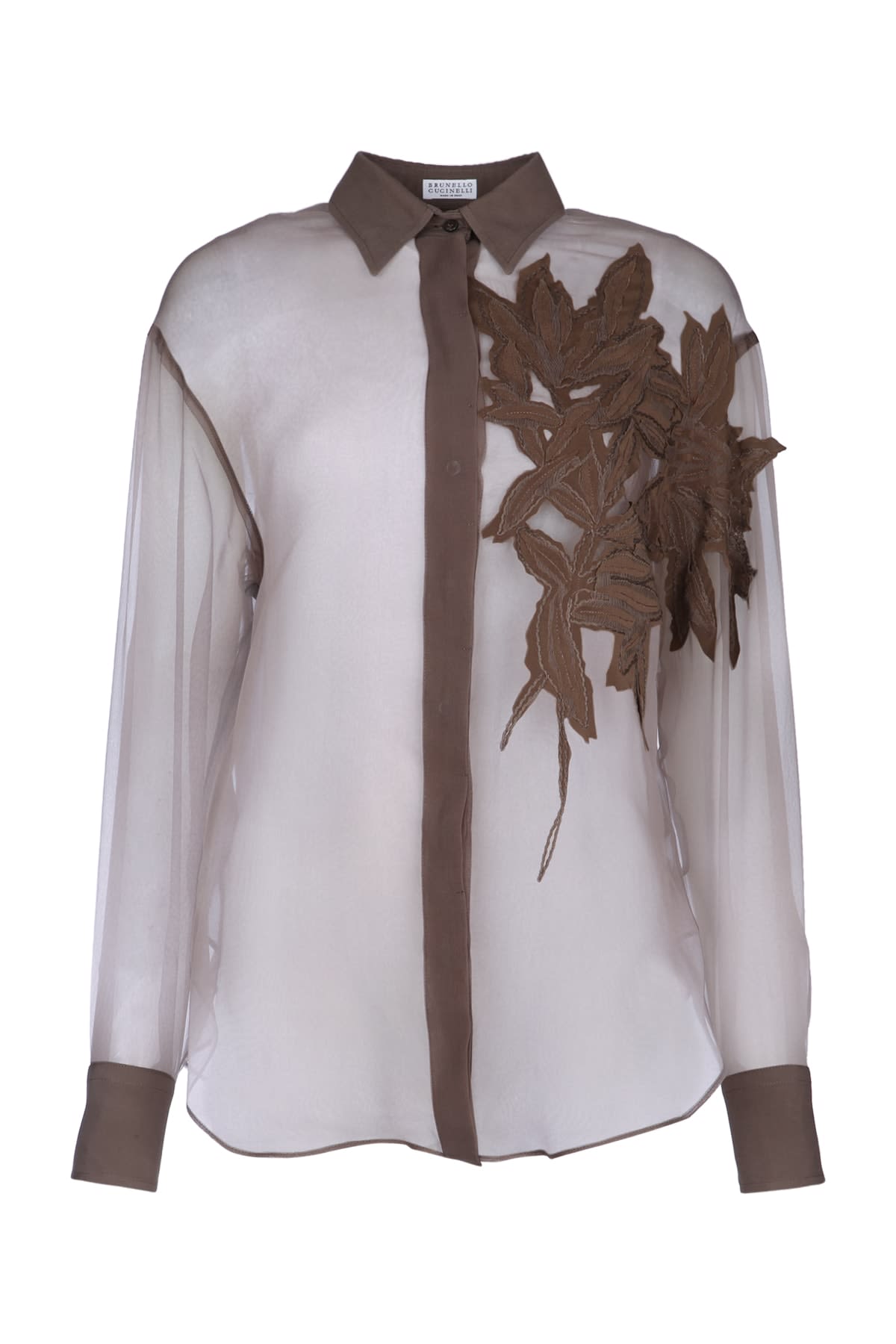 Brunello Cucinelli Brown Shirt With Semi-transparent Design And Embroidery On The Front In Silk Woman In Brown