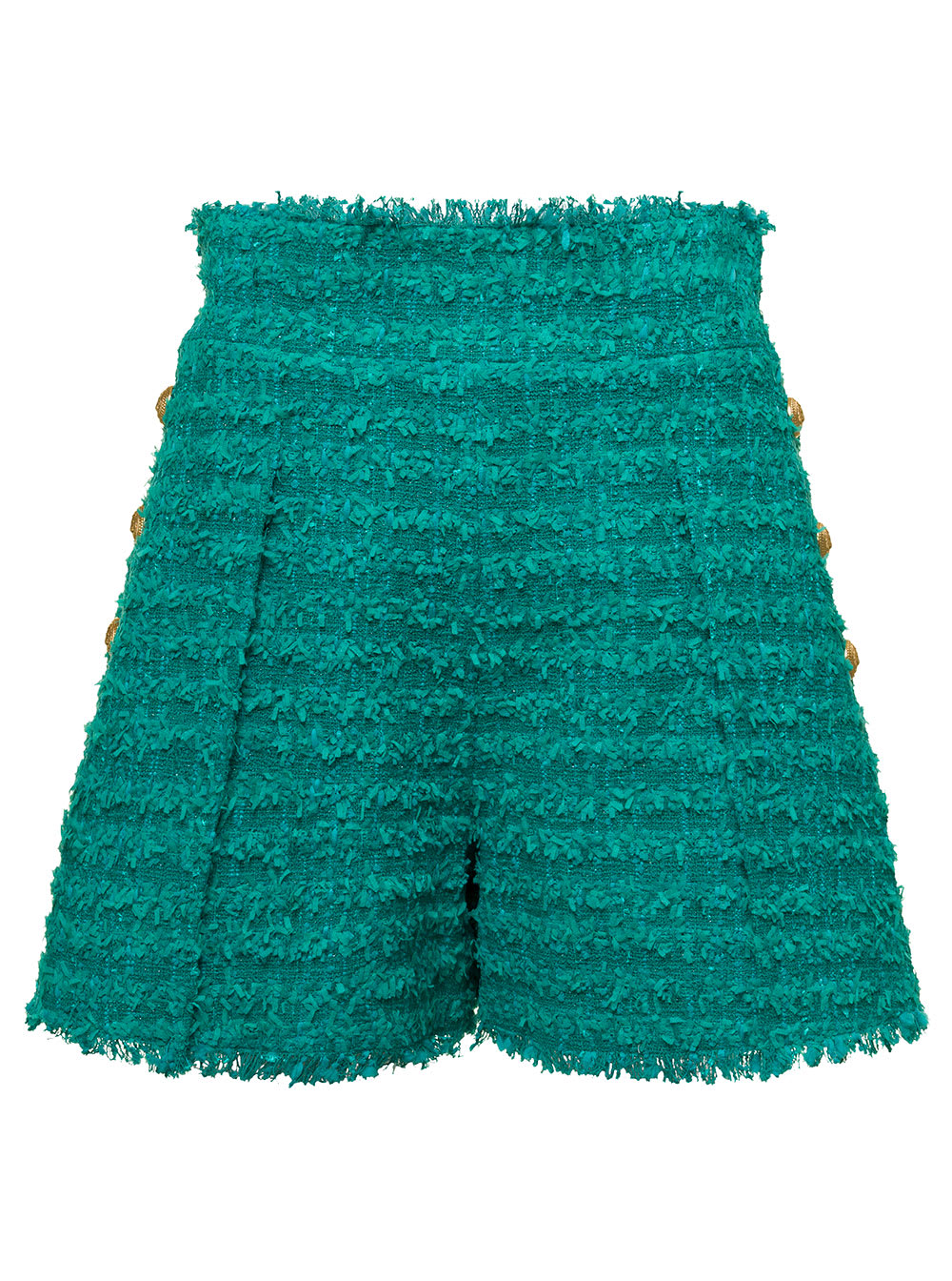 Balmain Green Shorts High Waist With Pinces And Fringed Hem In Tweed Woman