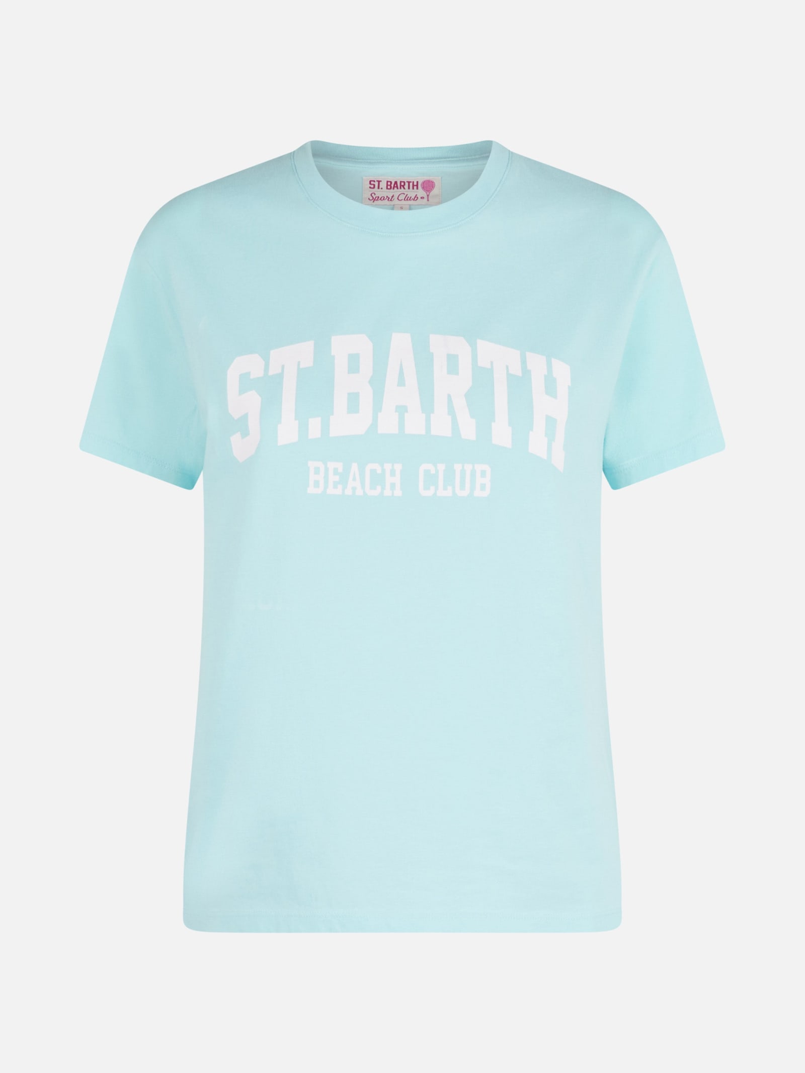 Mc2 Saint Barth Woman Cotton Jersey Crewneck T-shirt Emilie With St. Barth Beach Club Print In Green