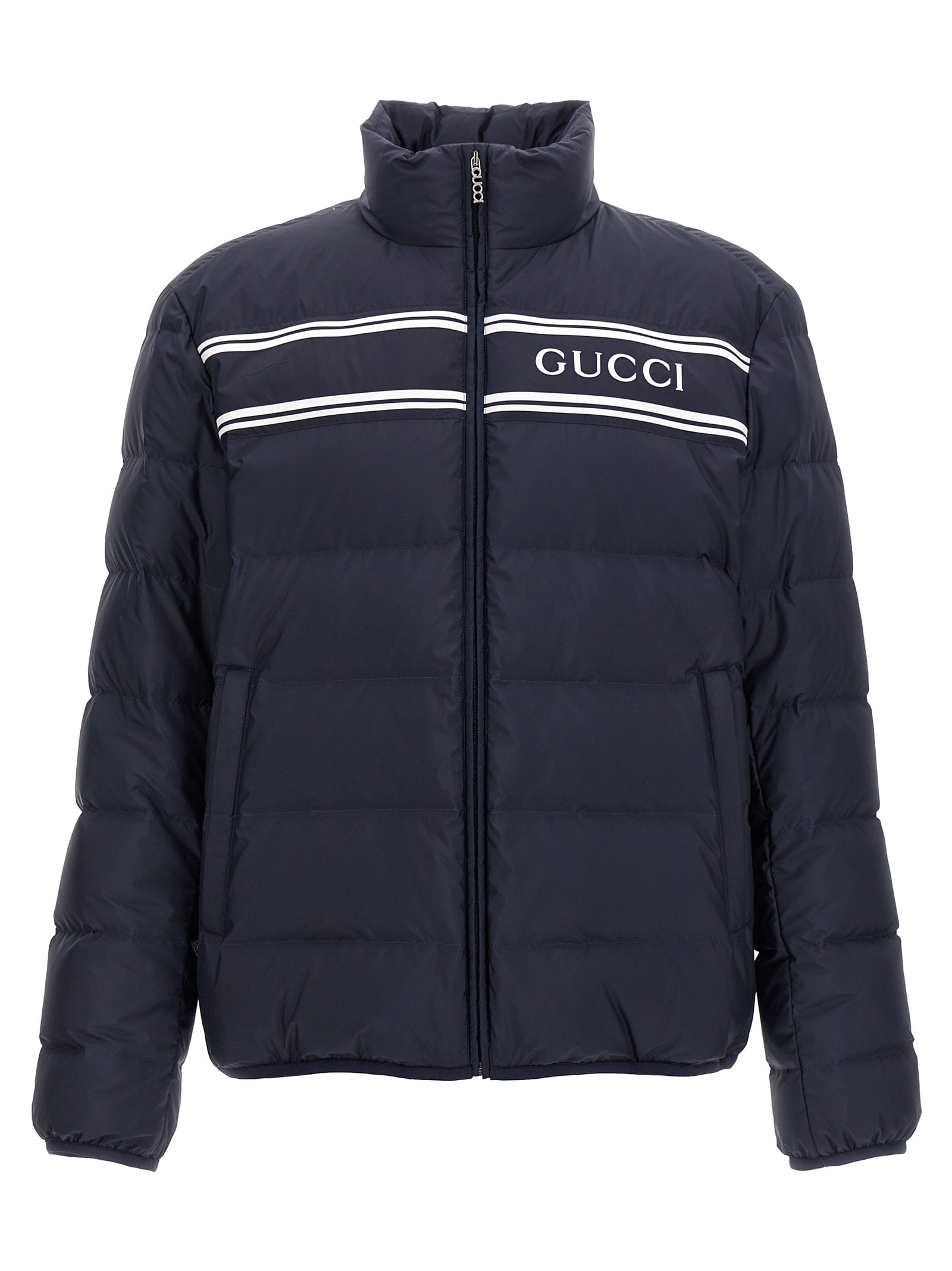 Shop Gucci Logo Print Down Jacket In Blue