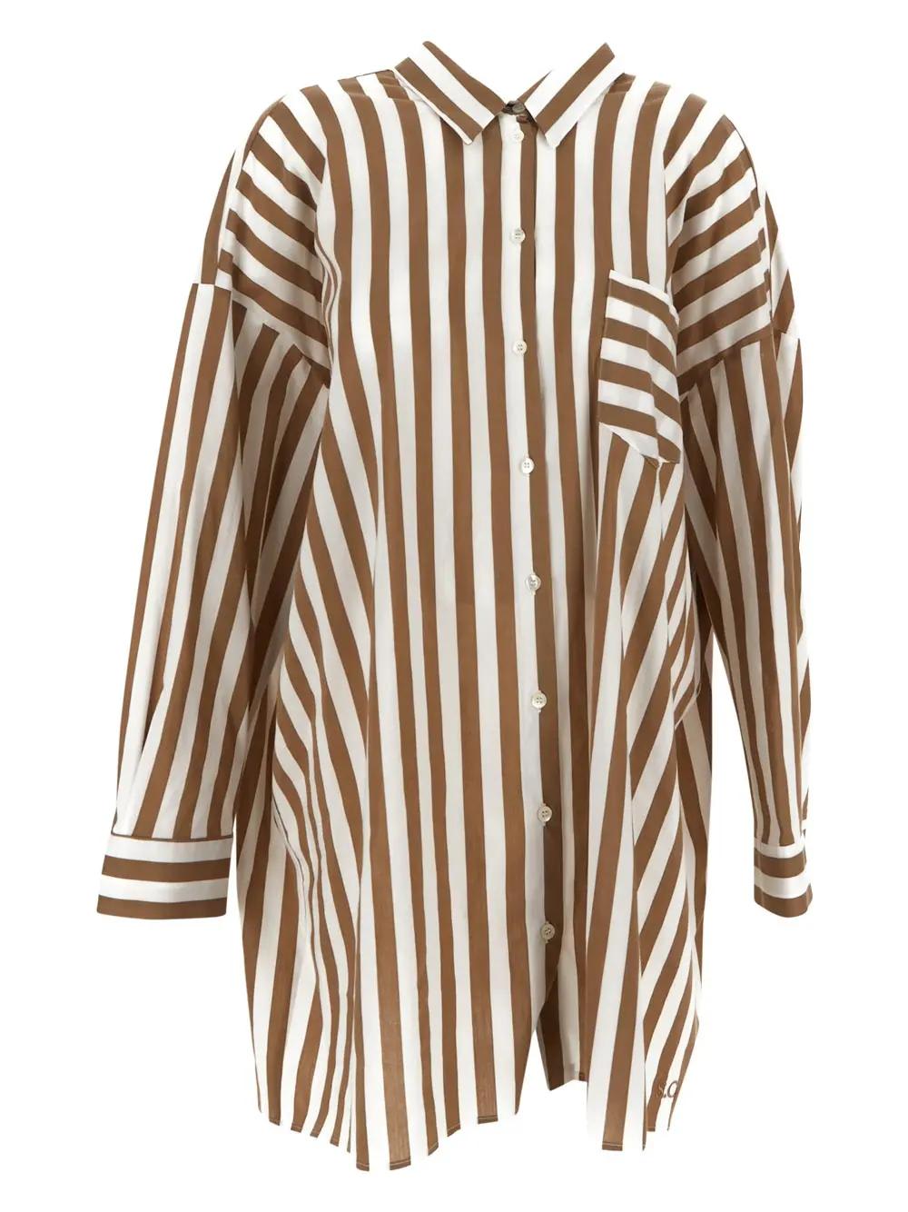 Shop Semicouture Striped Cotton Long Shirt In Beige
