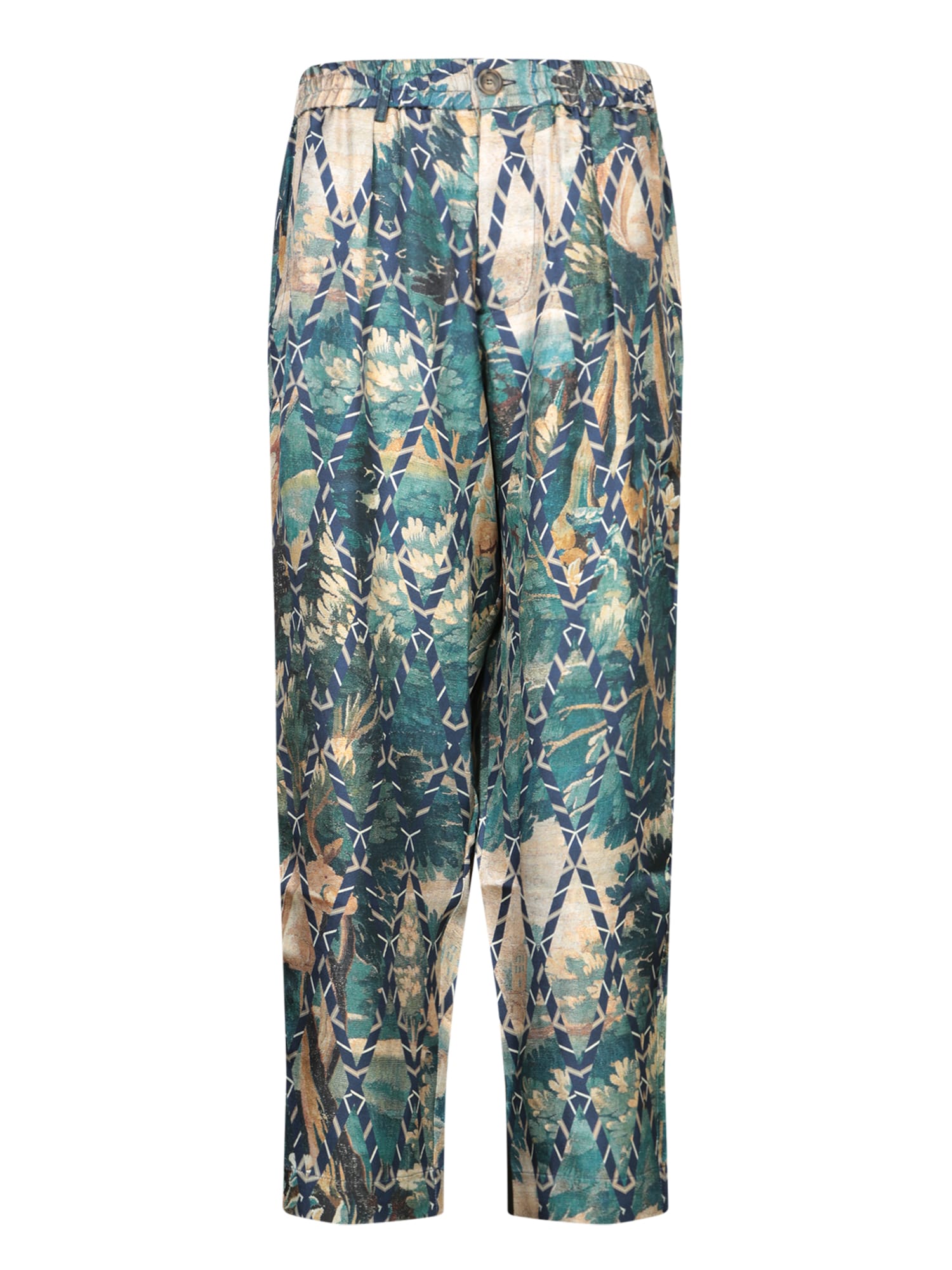 Turquoise Patterned Silk Trousers