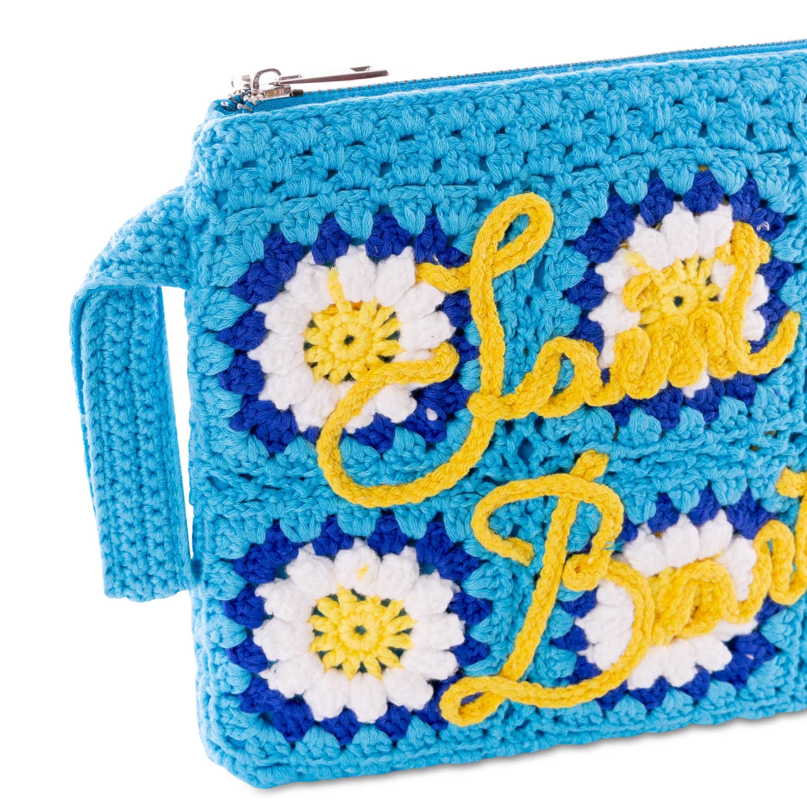 Shop Mc2 Saint Barth Parisienne Crochet Pouch Bag With Daisy Embroidery In Blue