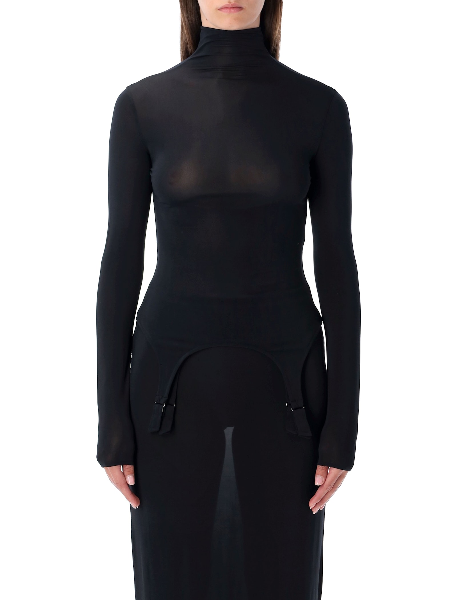Jean Paul Gaultier Long-sleeve High-neck Body With Lingerie Details In Black