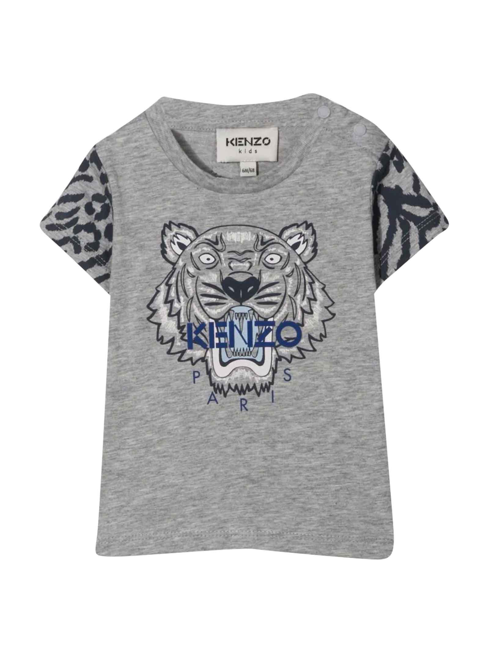 Kenzo Kids Grey Newborn T-shirt With Front Tiger Embroidery Buttoning On The Shoulder Short Sleeve By