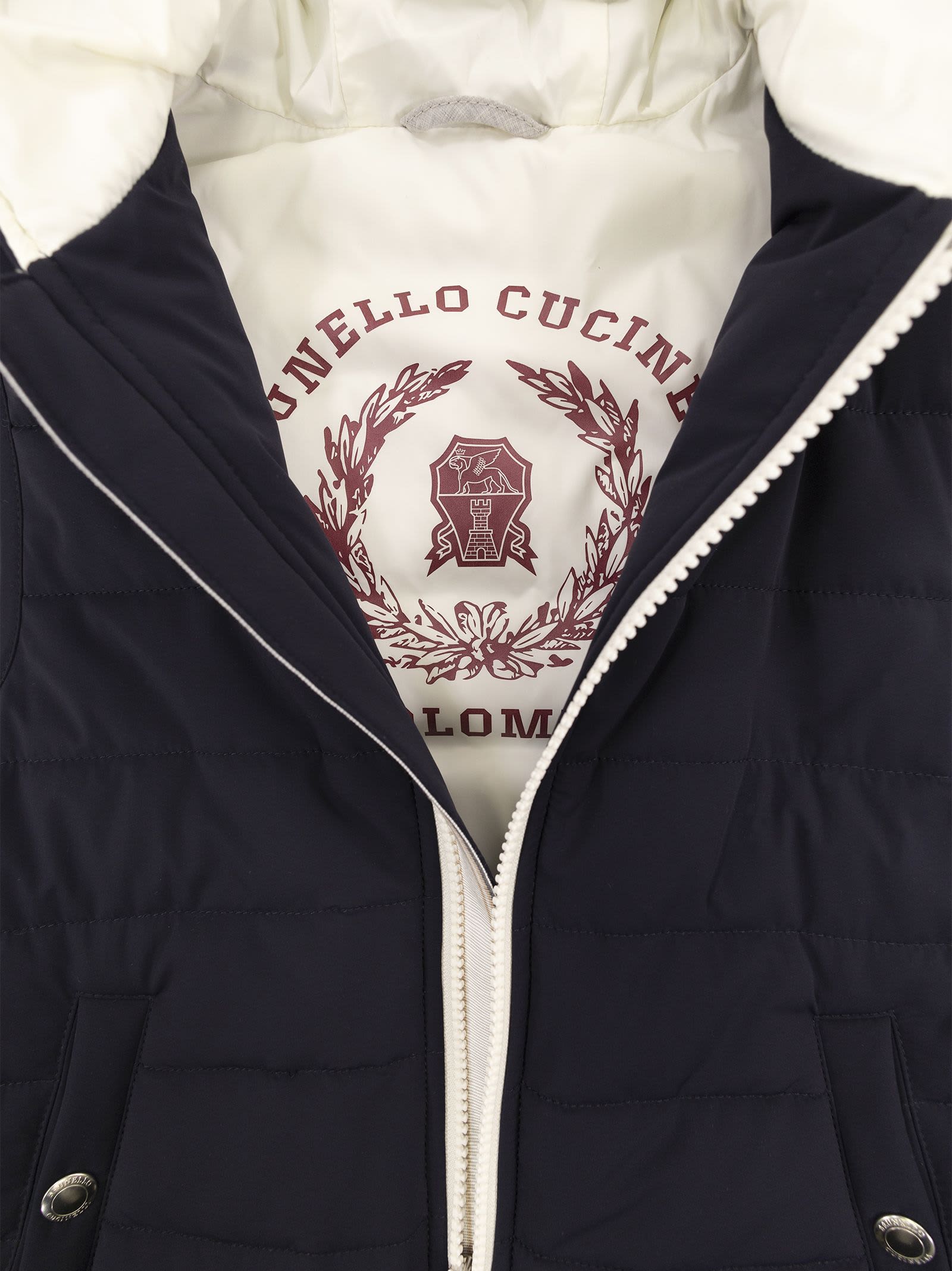 Shop Brunello Cucinelli Water-repellent Nylon Sleeveless Down Jacket With Hood In Navy Blue