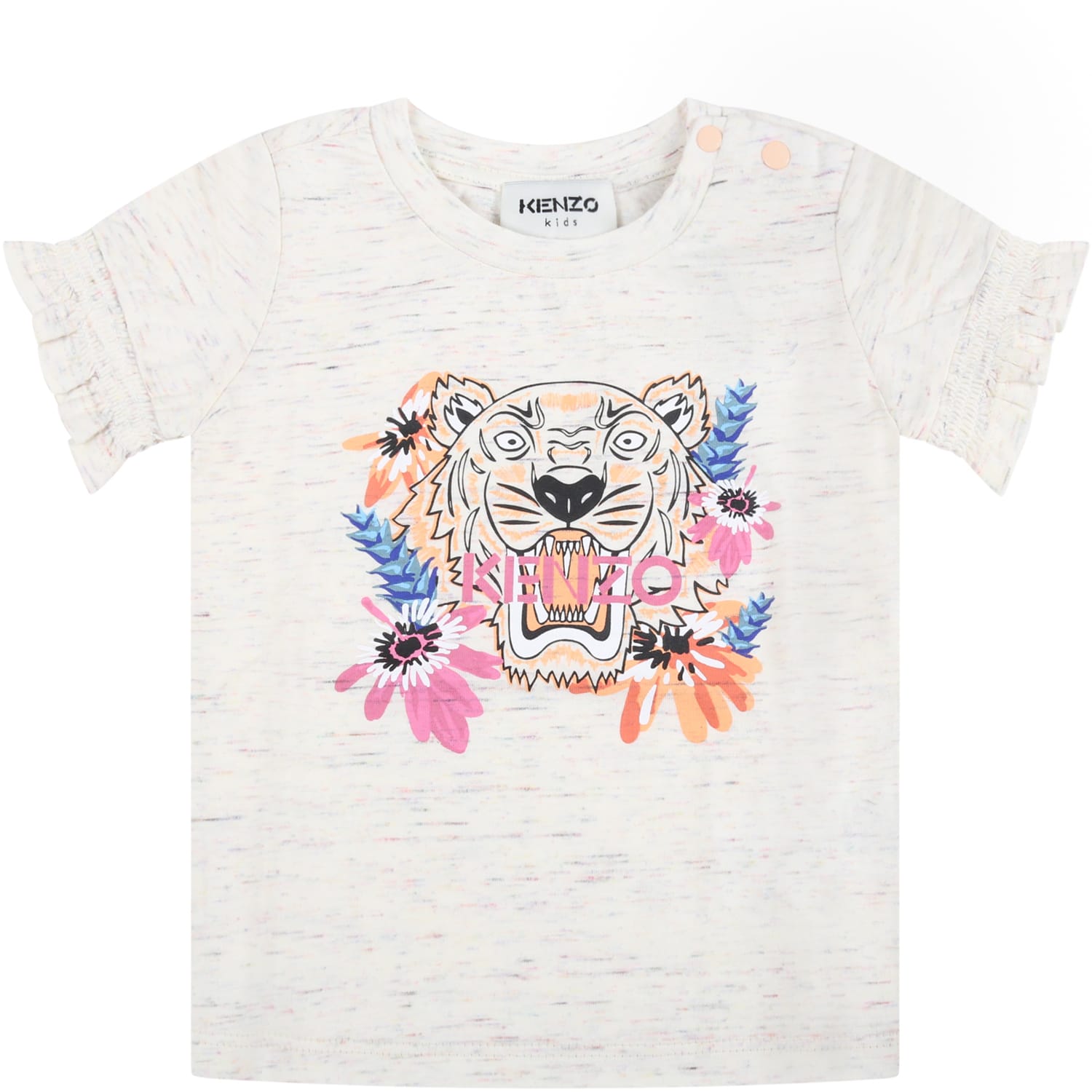 Kenzo Kids Ivory T-shirt For Baby Girl With Black Tiger And Fuchsia Logo
