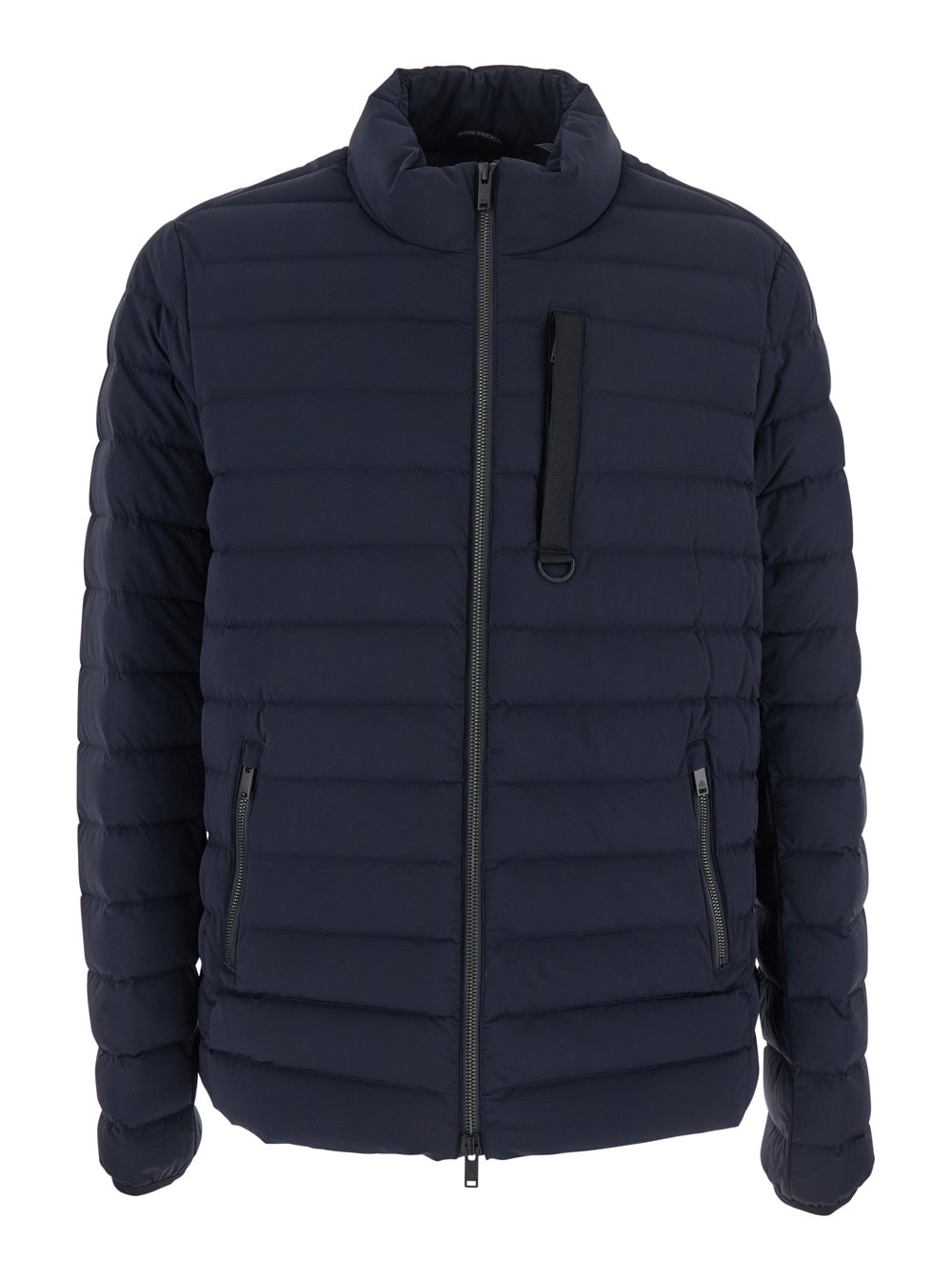 Moose Knuckles Laki Blue Down Jacket With High Neck And Logo Patch On The Sleeve In Tech Fabric Man In Blue