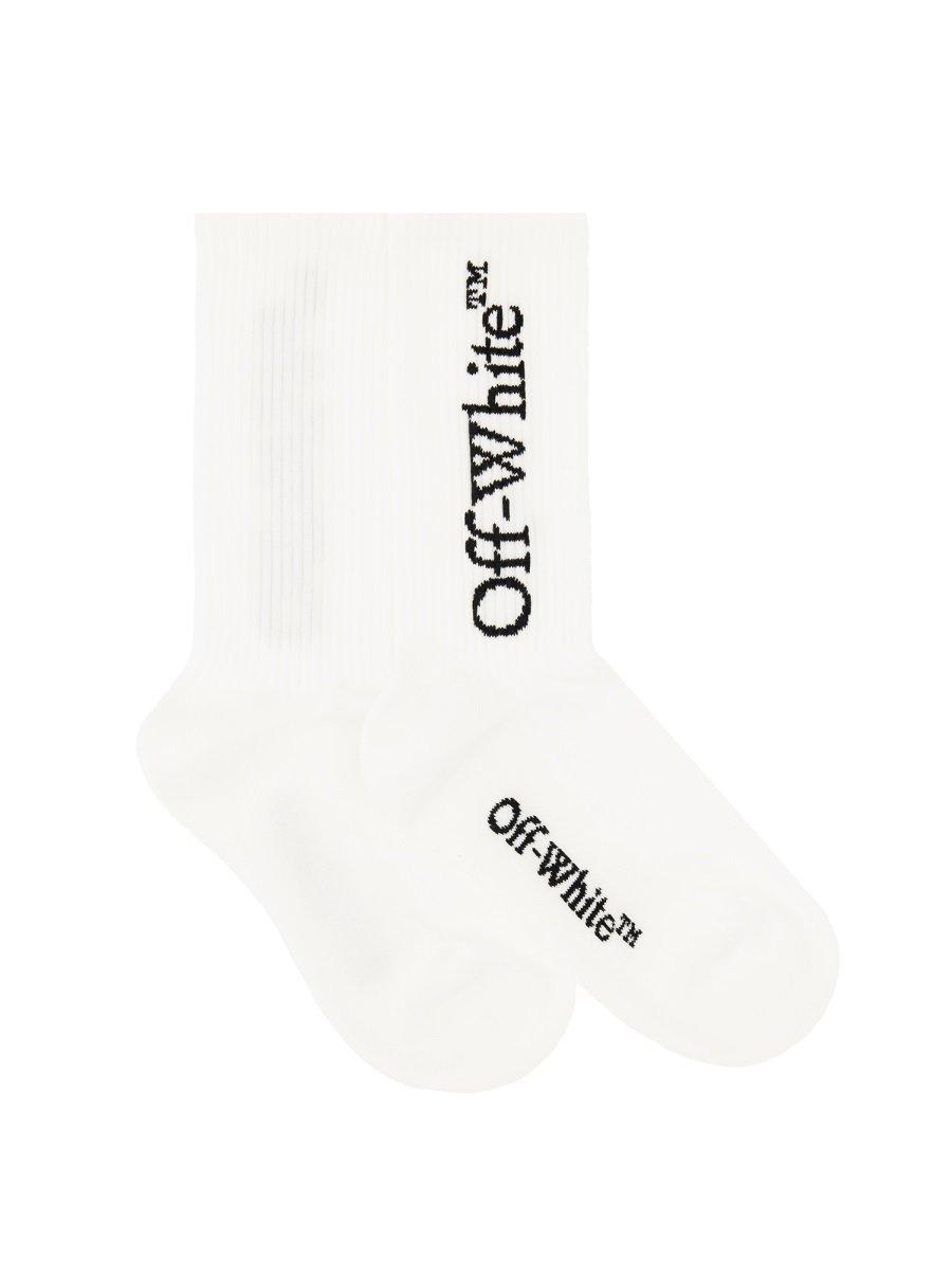 Shop Off-white Logo Intarsia Socks In White Black