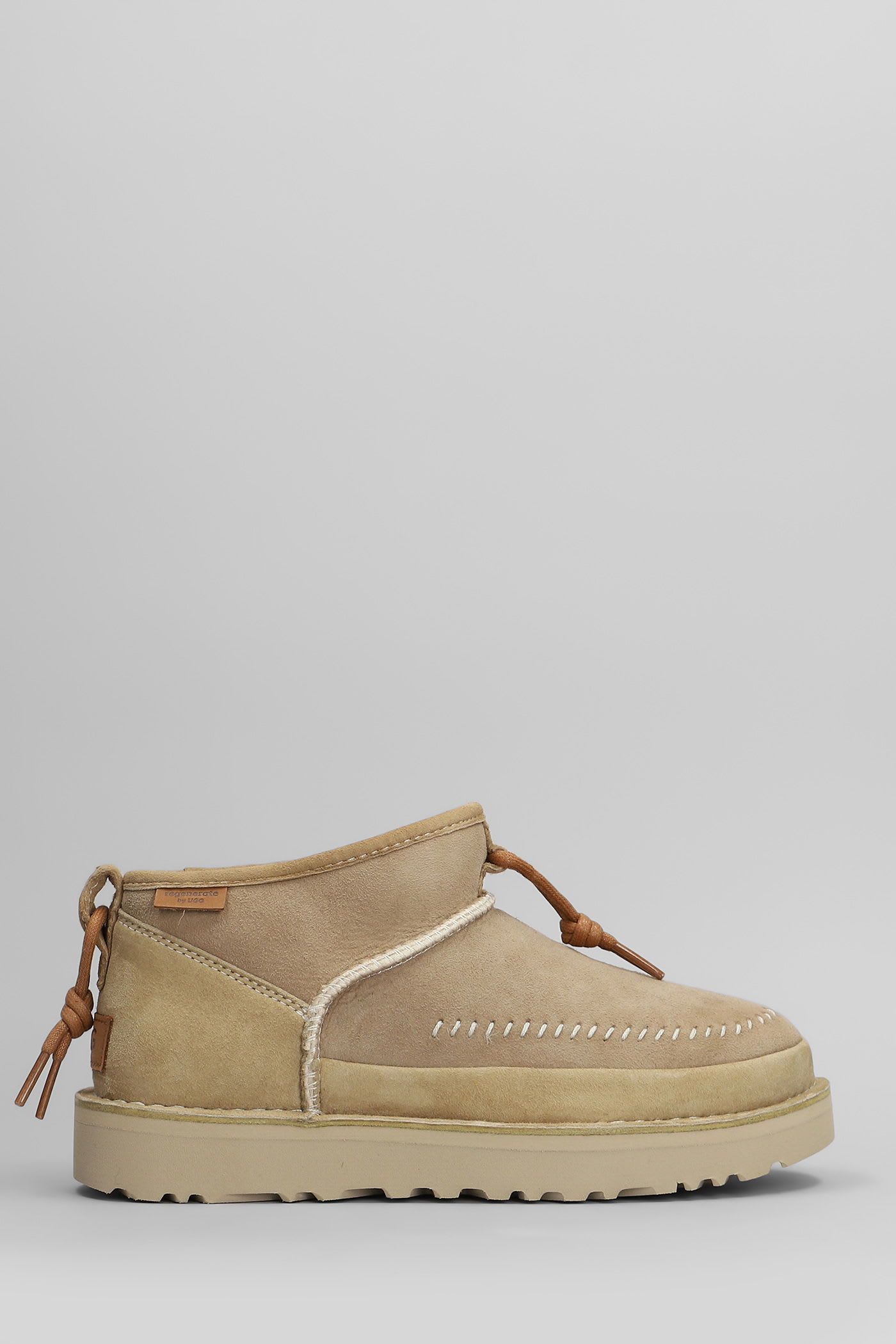 Ultra Mini Crafted Low Heels Ankle Boots In Beige Suede