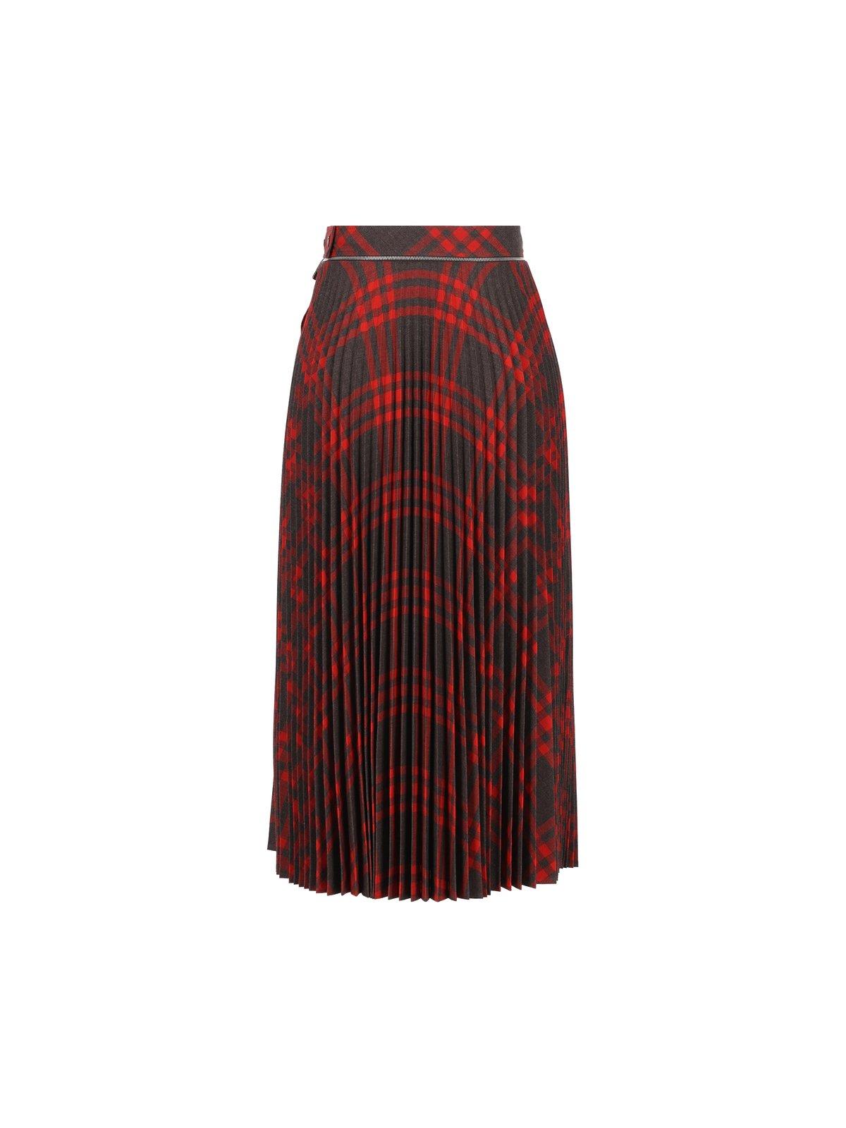 Shop Burberry Checked Pleated Zip-detailed Skirt In Multicolour