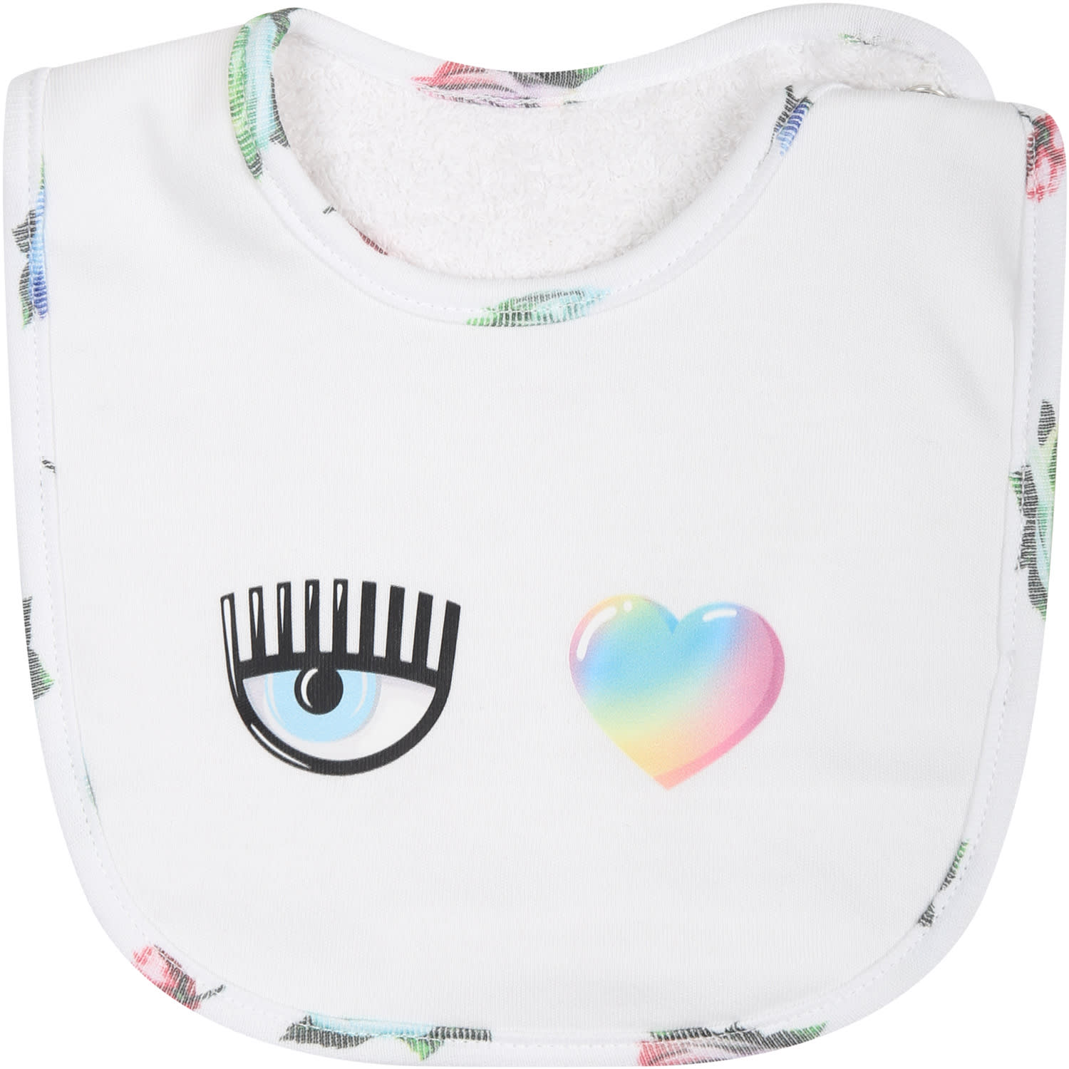 Shop Chiara Ferragni Pink Playsuit For Baby Girl With Flirting Eyes And Multicolor Roses In White