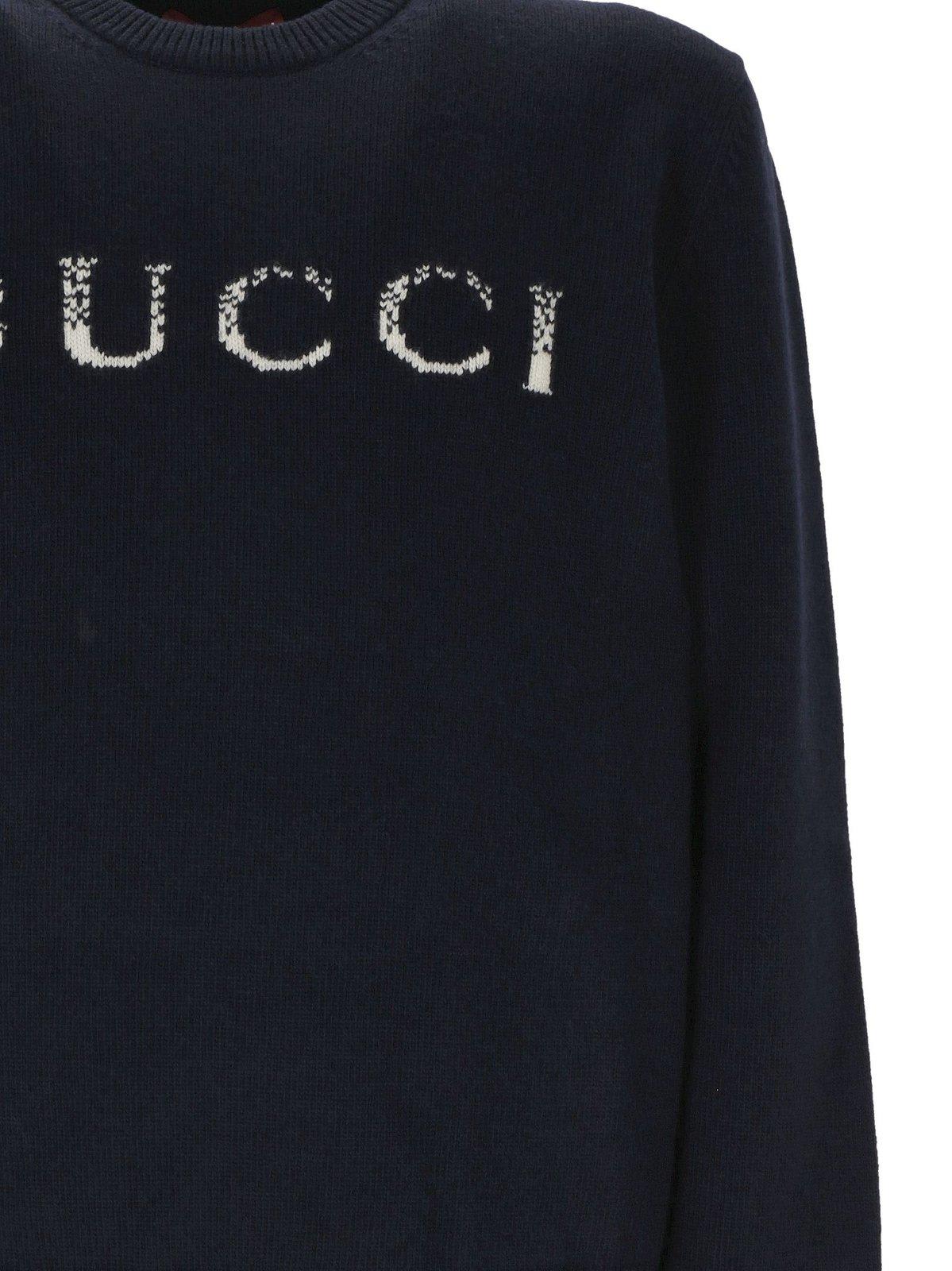 Shop Gucci Logo Intarsia Crewneck Knit Sweater In White