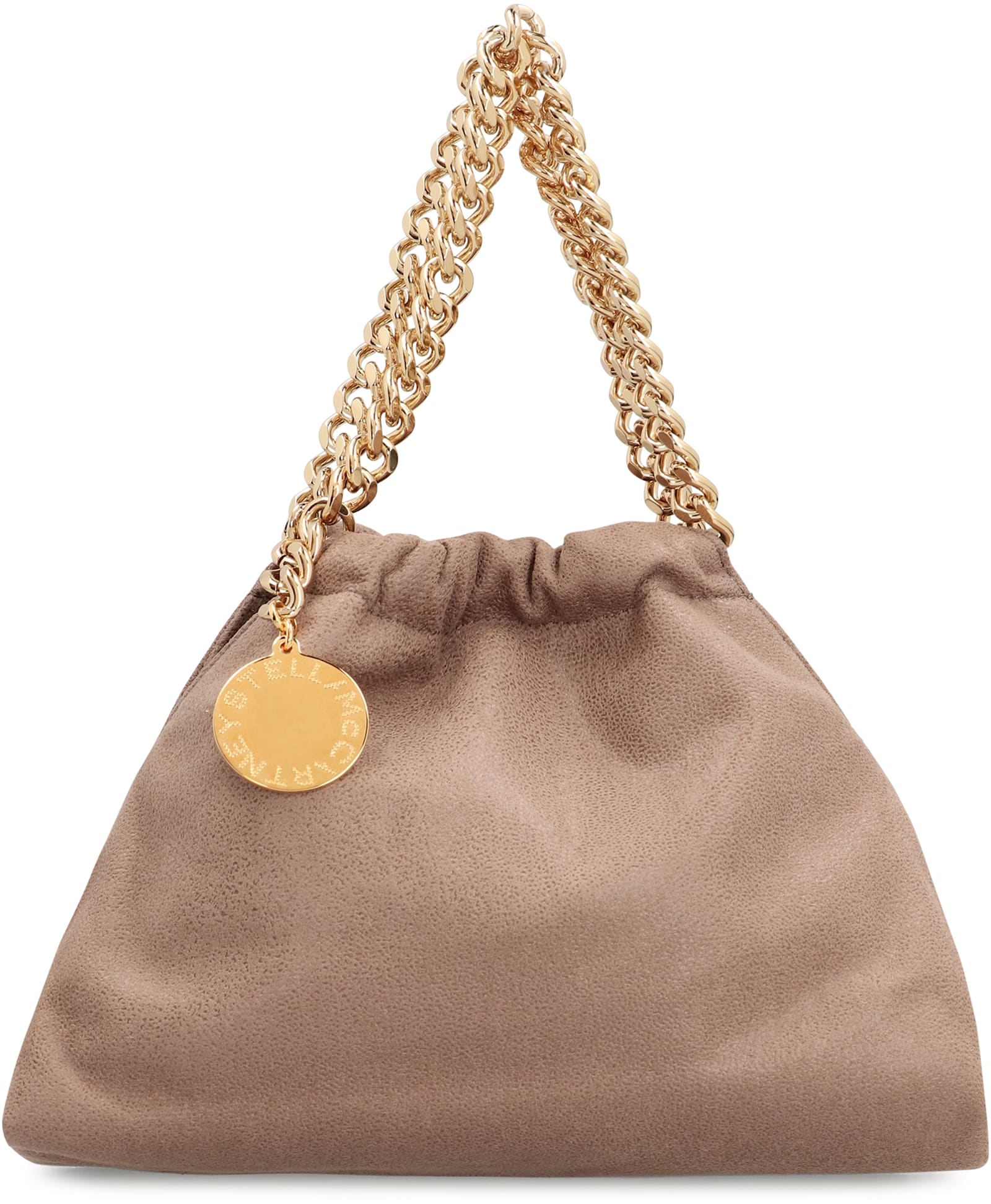 Stella Mccartney Mini Falabella Metallic Faux Leather Drawstring Crossbody Bag In Gray