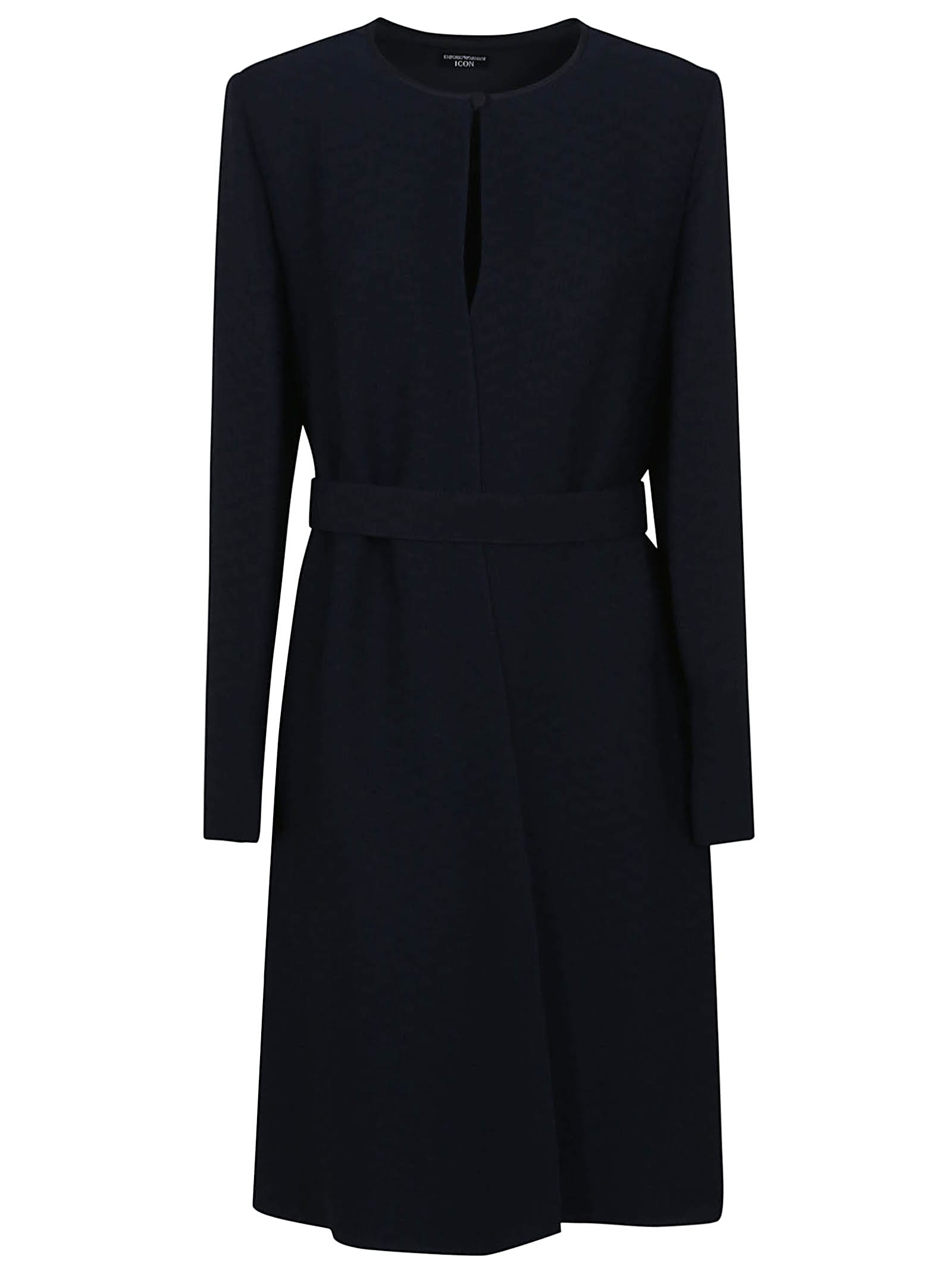 Emporio Armani Navy Blue Dress With Keyhole Neckline And Belted Waist In Blue