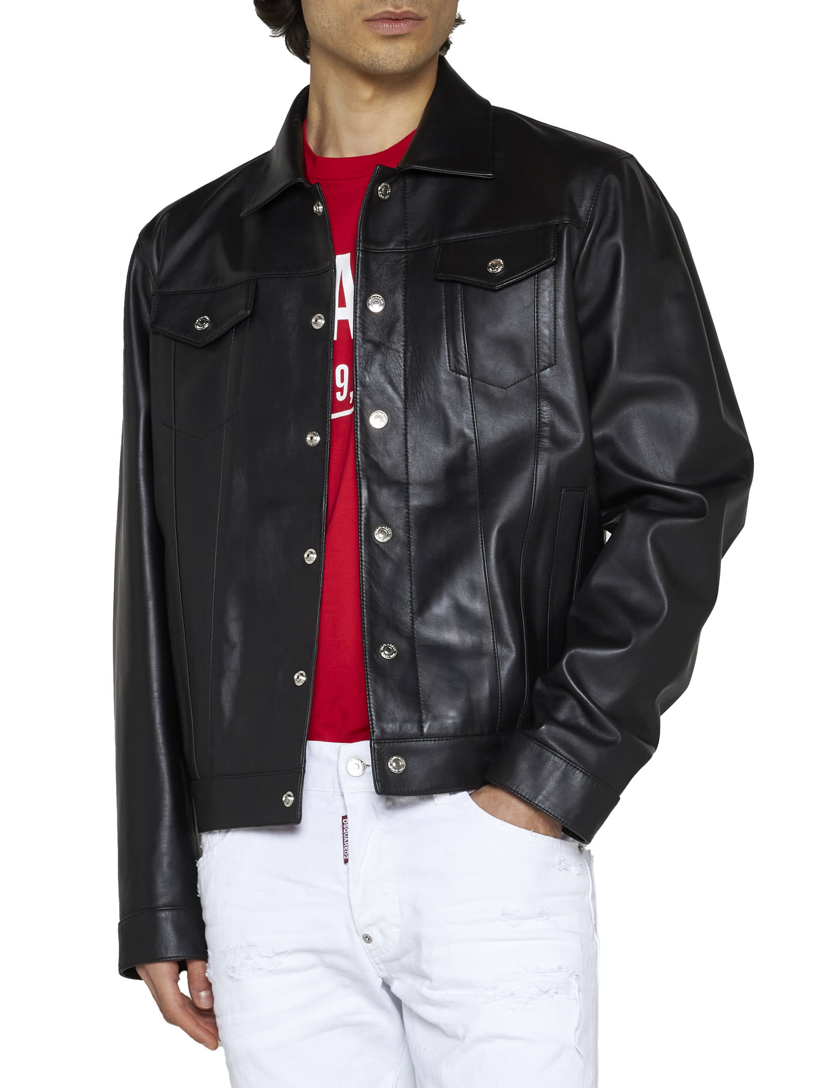 Dsquared2 Long-sleeved Leather Jacket In Black