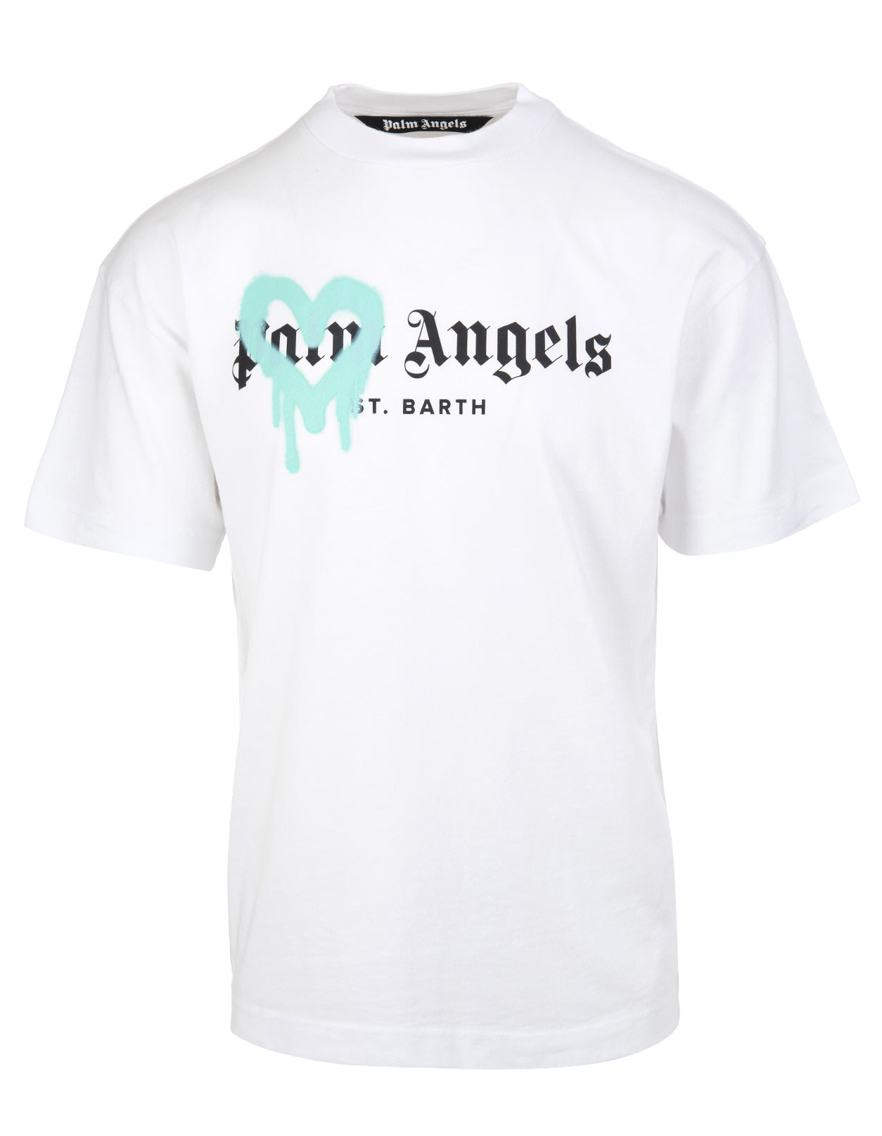 Palm Angels Man White And Aquamarine Spray Logo St. Barth T-shirt
