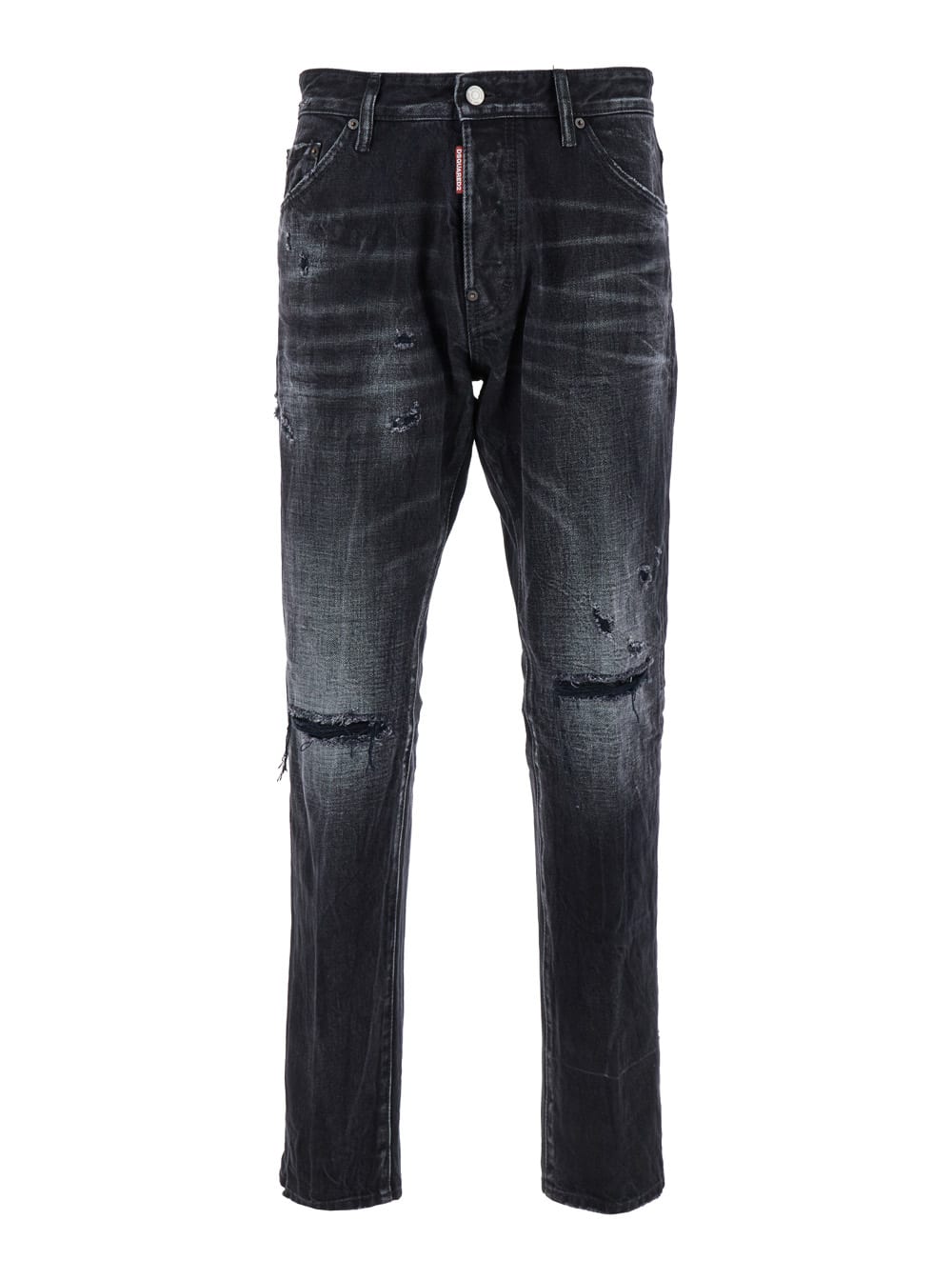 cool Guy Black Five-pocket Jeans With Rips In Cotton Denim Man