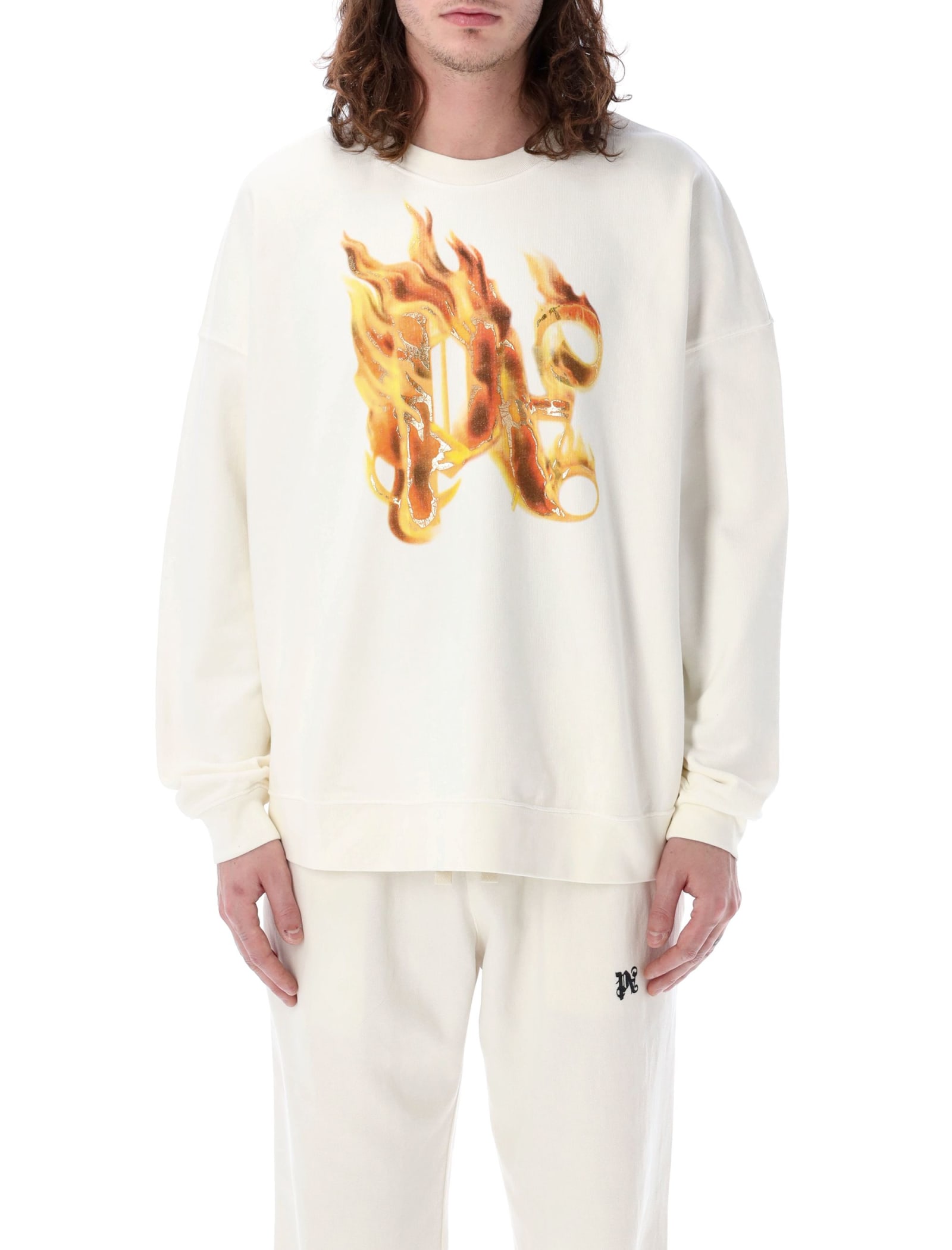 Palm Angels White Crewneck Sweatshirt With Burning Logo Print In Cotton Man In White