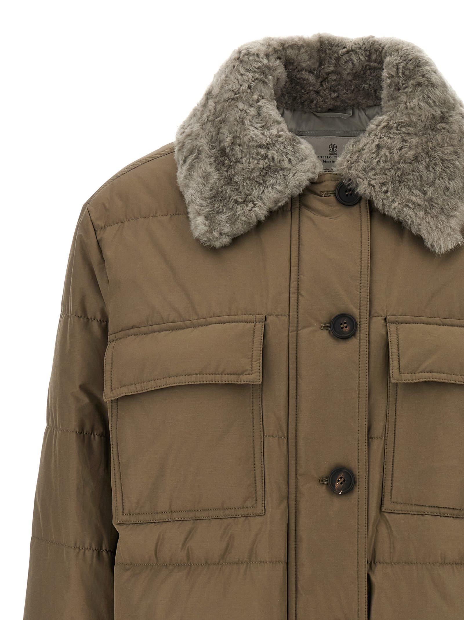 Brunello Cucinelli Quilted Coat With Plush Shearling Collar And Flap Pockets In Brown