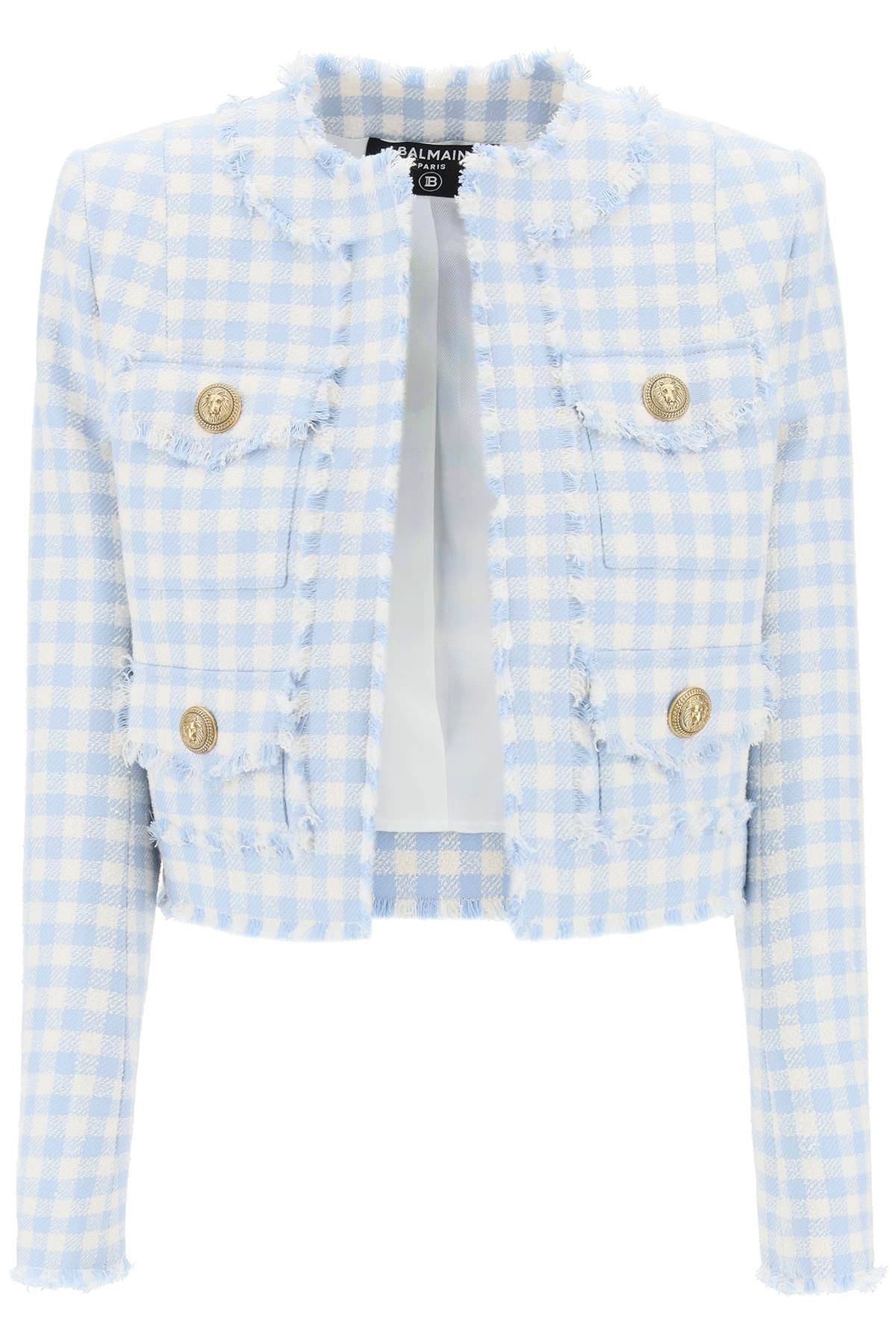 Shop Balmain Bolero Jacket In Tweed With Gingham Pattern In Bleu Pale/blanc