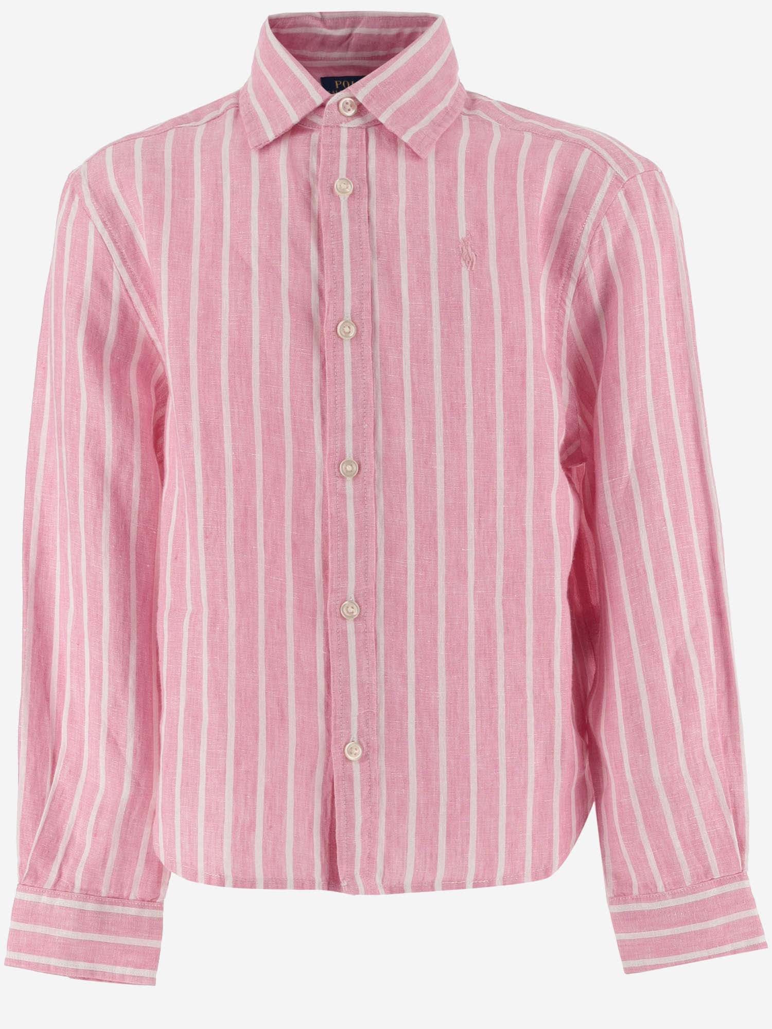 Ralph Lauren Kids' Linen Striped Shirt With Logo In Rosa