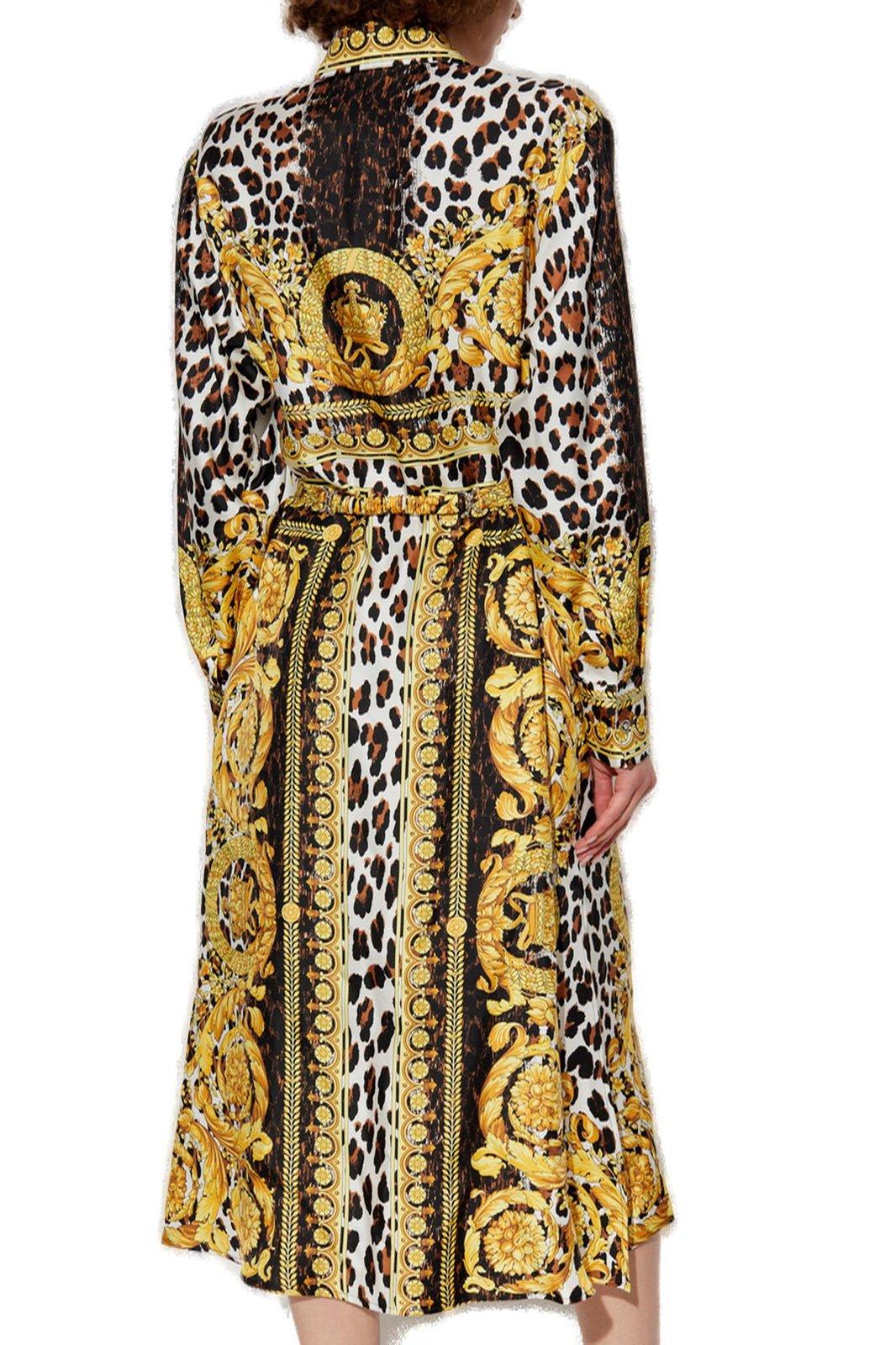 Shop Versace Wild Barocco Foulard Long-sleeved Shirt Dress In Golden