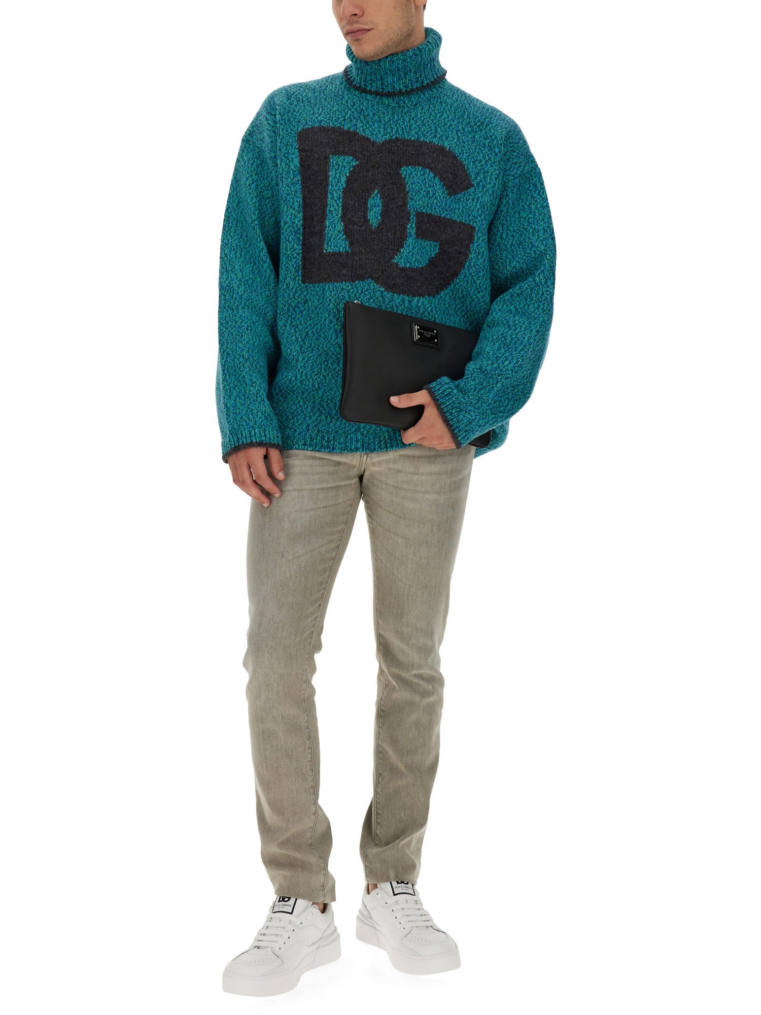 Dolce & Gabbana Intarsia Knit Dg Logo High-neck Sweater In Green