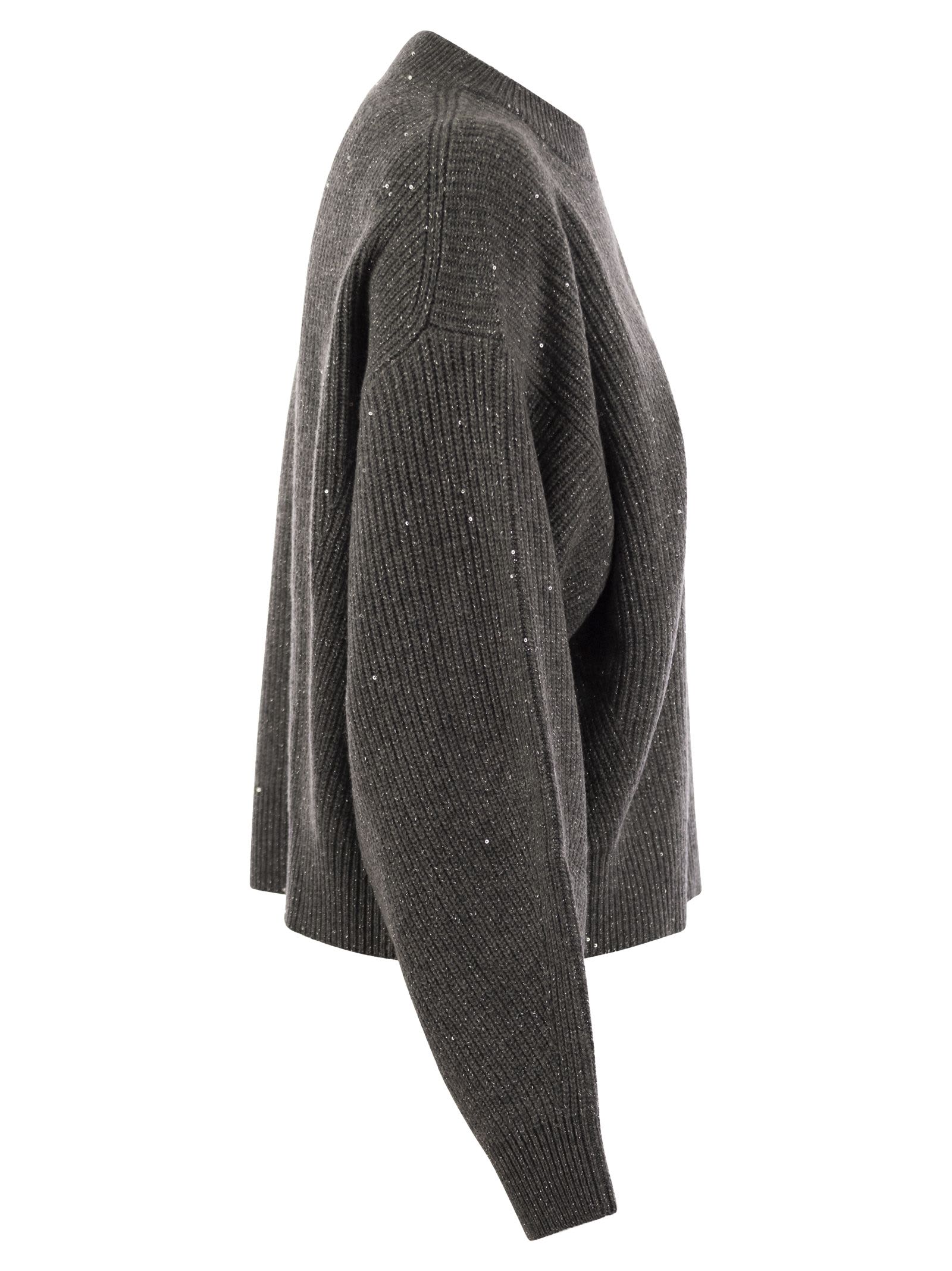 Shop Brunello Cucinelli Dazzling Ribbed Sweater In Cashmere And Wool In Anthracite