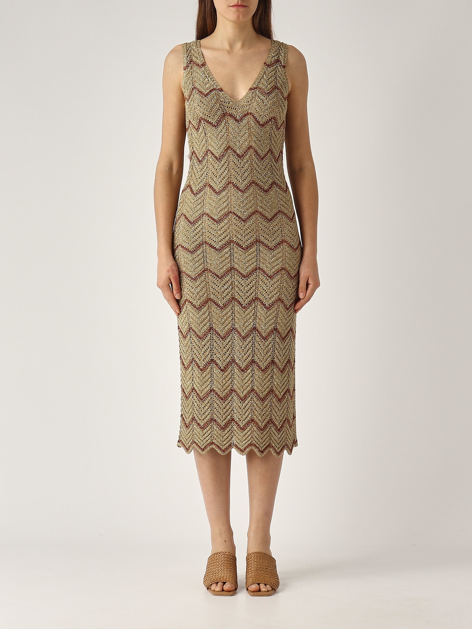 Twinset Midi Dress With Zig Zag Motif With Slit In Ambra