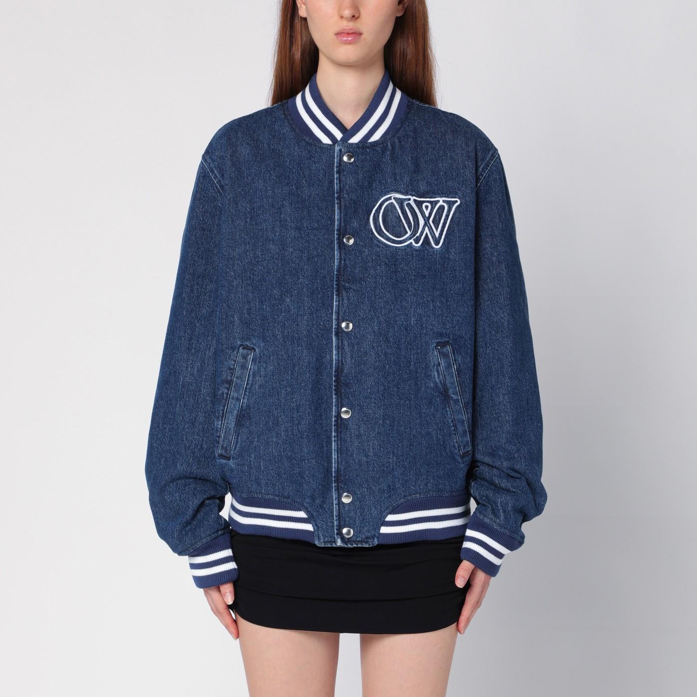 Shop Off-white Blue Denim Bomber Jacket In Deep Blue - True Blue