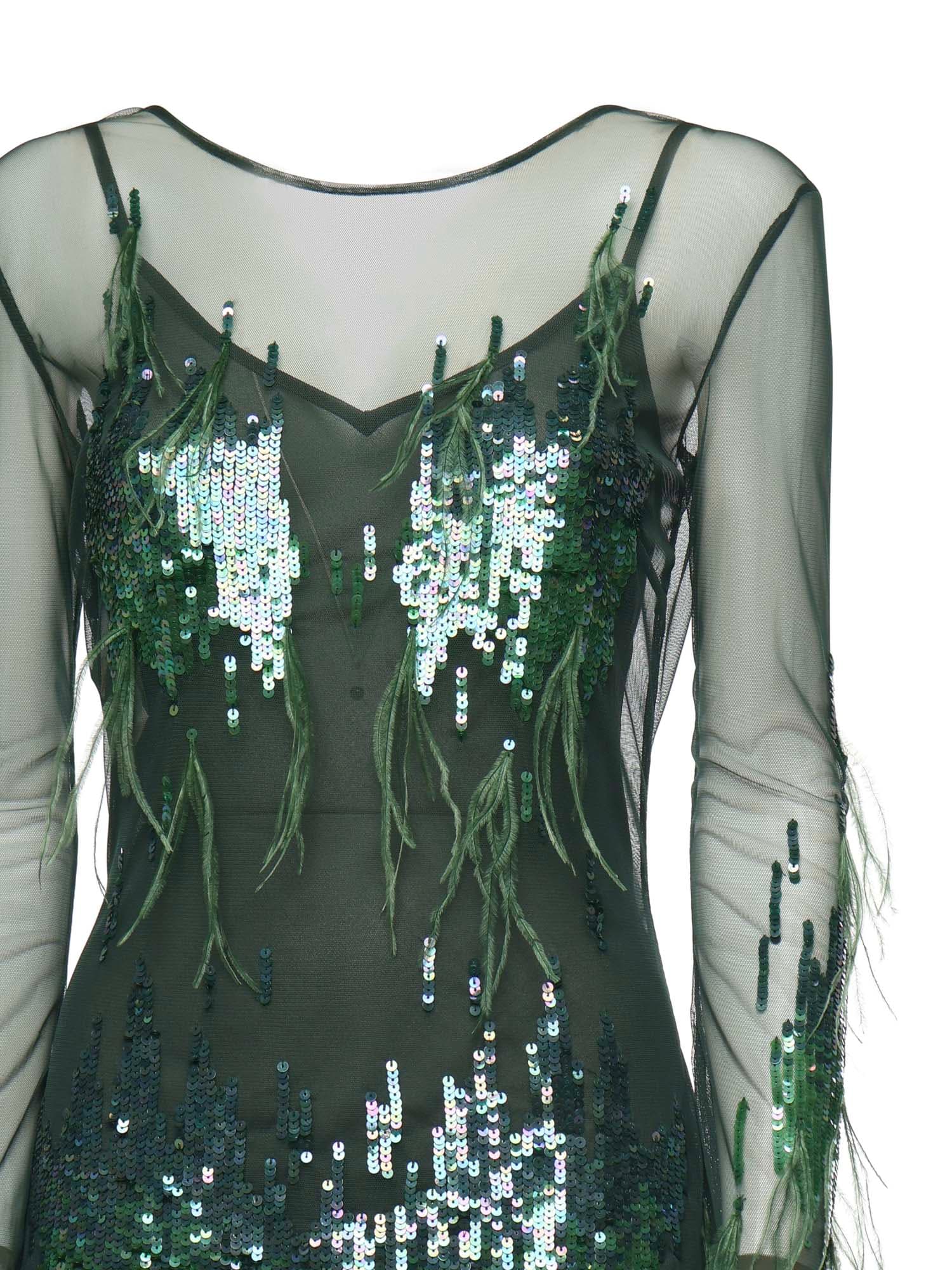 Pinko Dress With Sequins And Feathers In Green