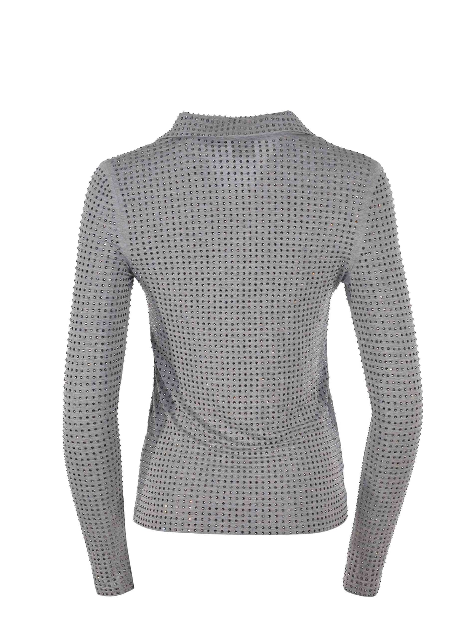 Pinko Collared Long Sleeve Textured Fabric Top In Grigiopioggerella