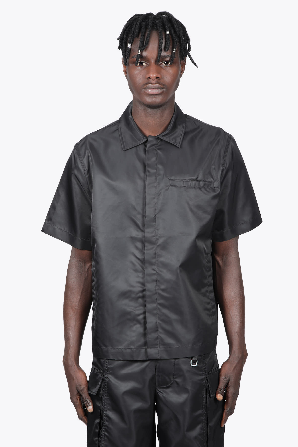 1017 ALYX 9SM Shirt - 2 Black nylon short sleeve shirt with rollercoaster buckle