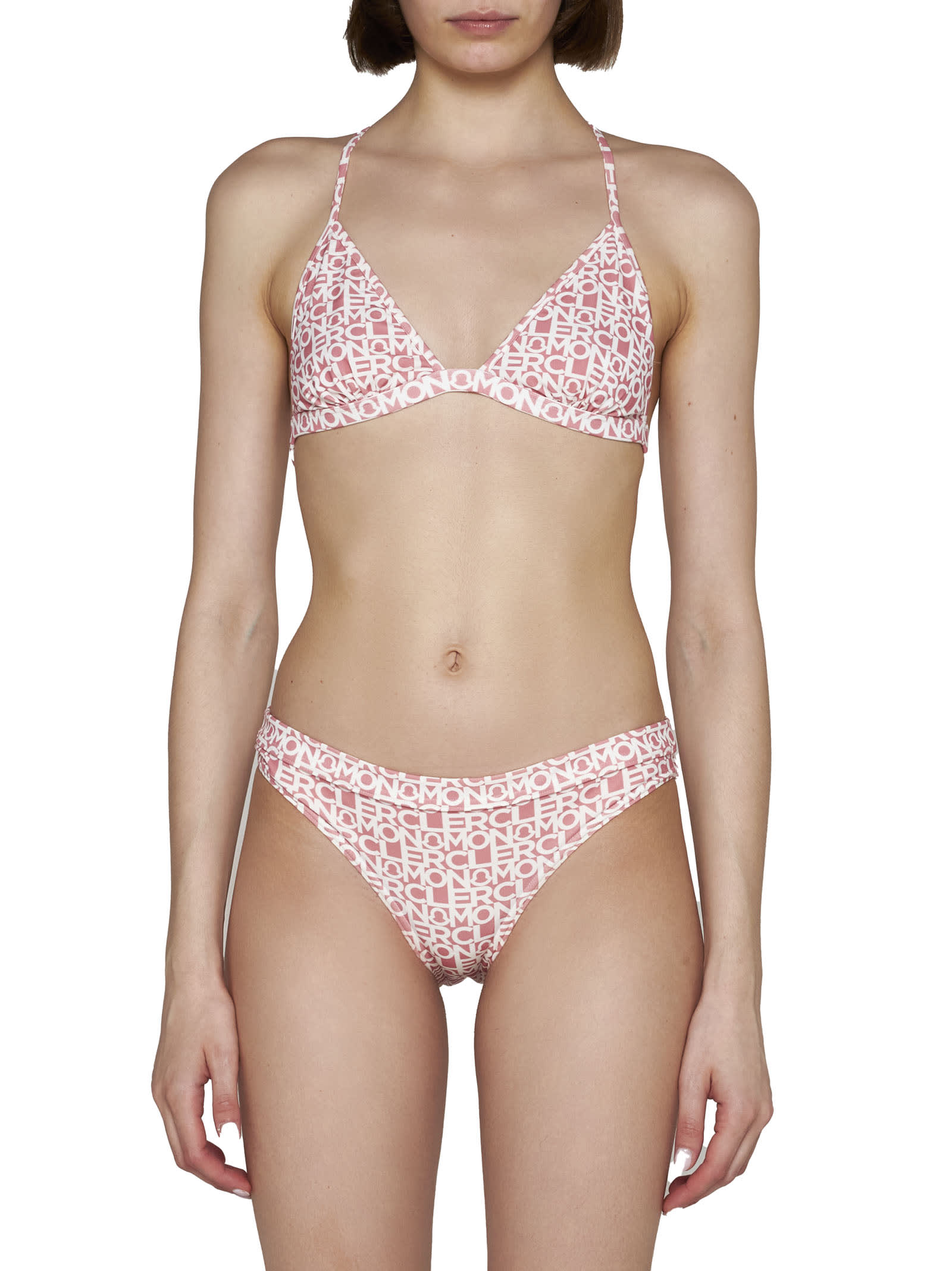 Moncler All-over Logo Printed Triangle Bikini With Adjustable Should In Rosa
