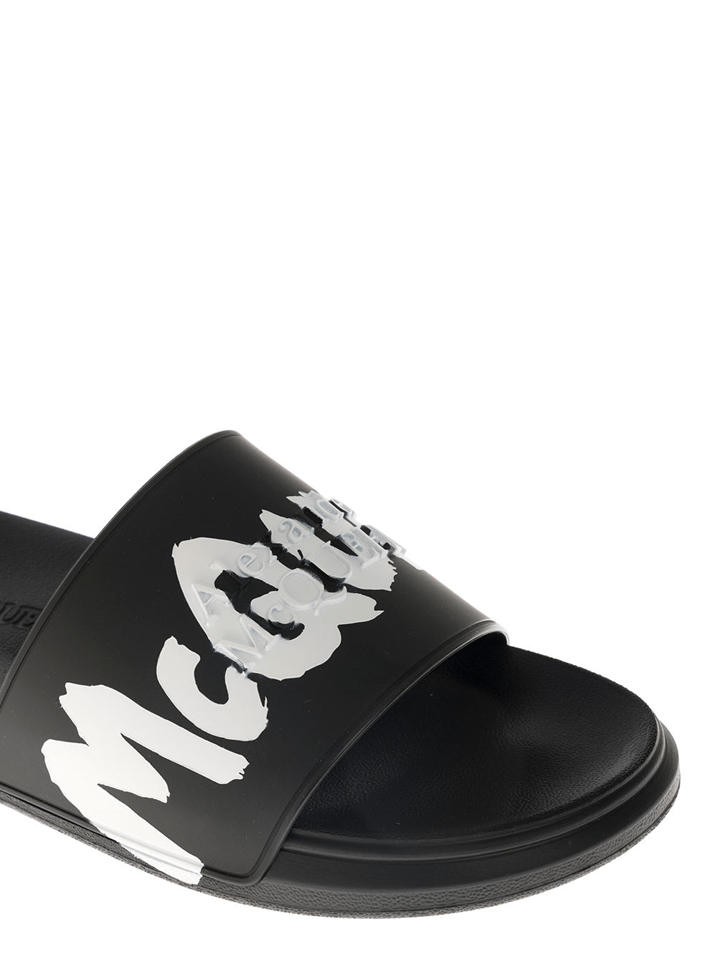 Shop Alexander Mcqueen Mans Black Rubber Slide Sandals With Logo