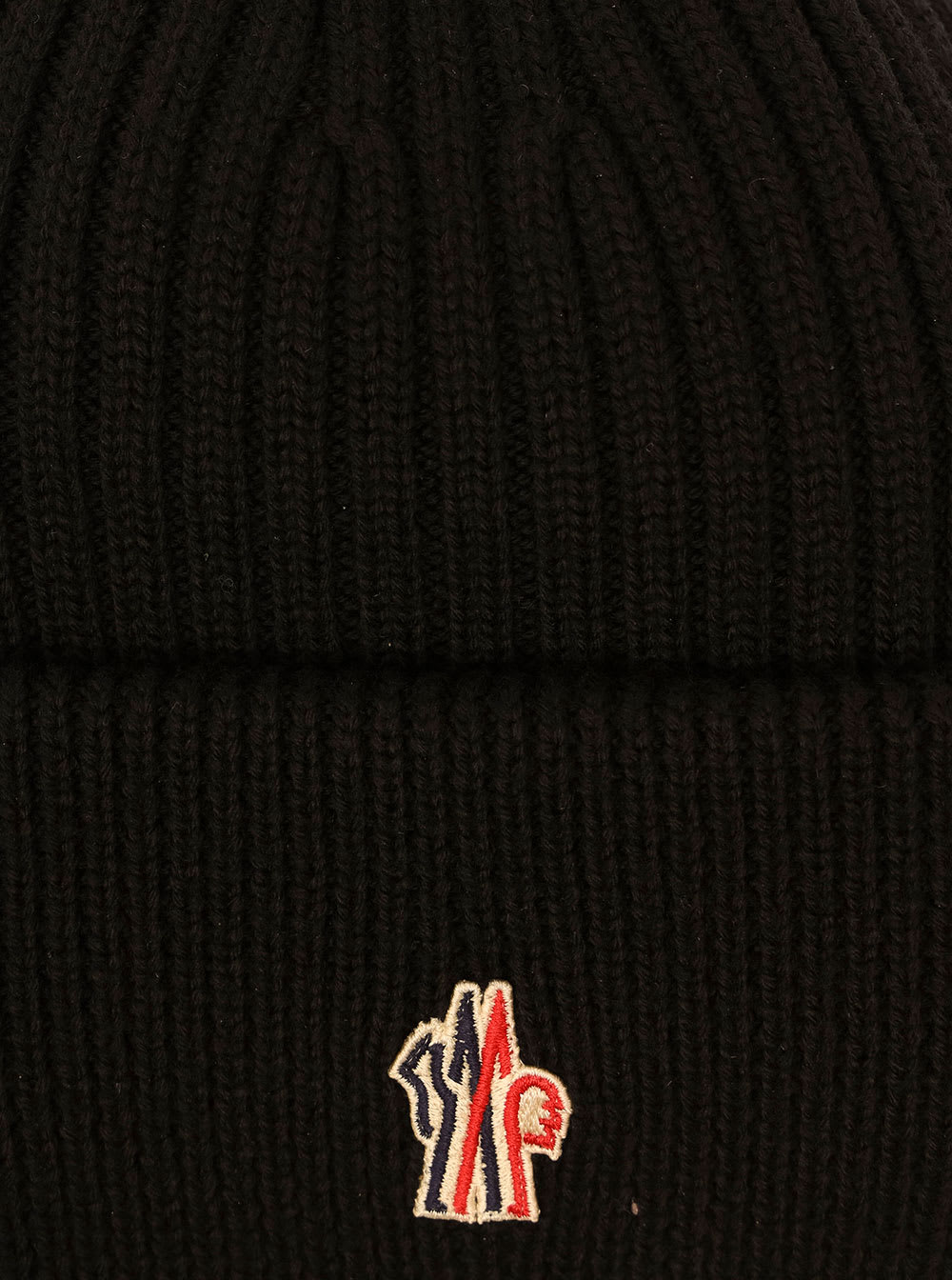 Moncler Grenoble Black Ribbed Beanie With Logo Patch In Wool Man In Black