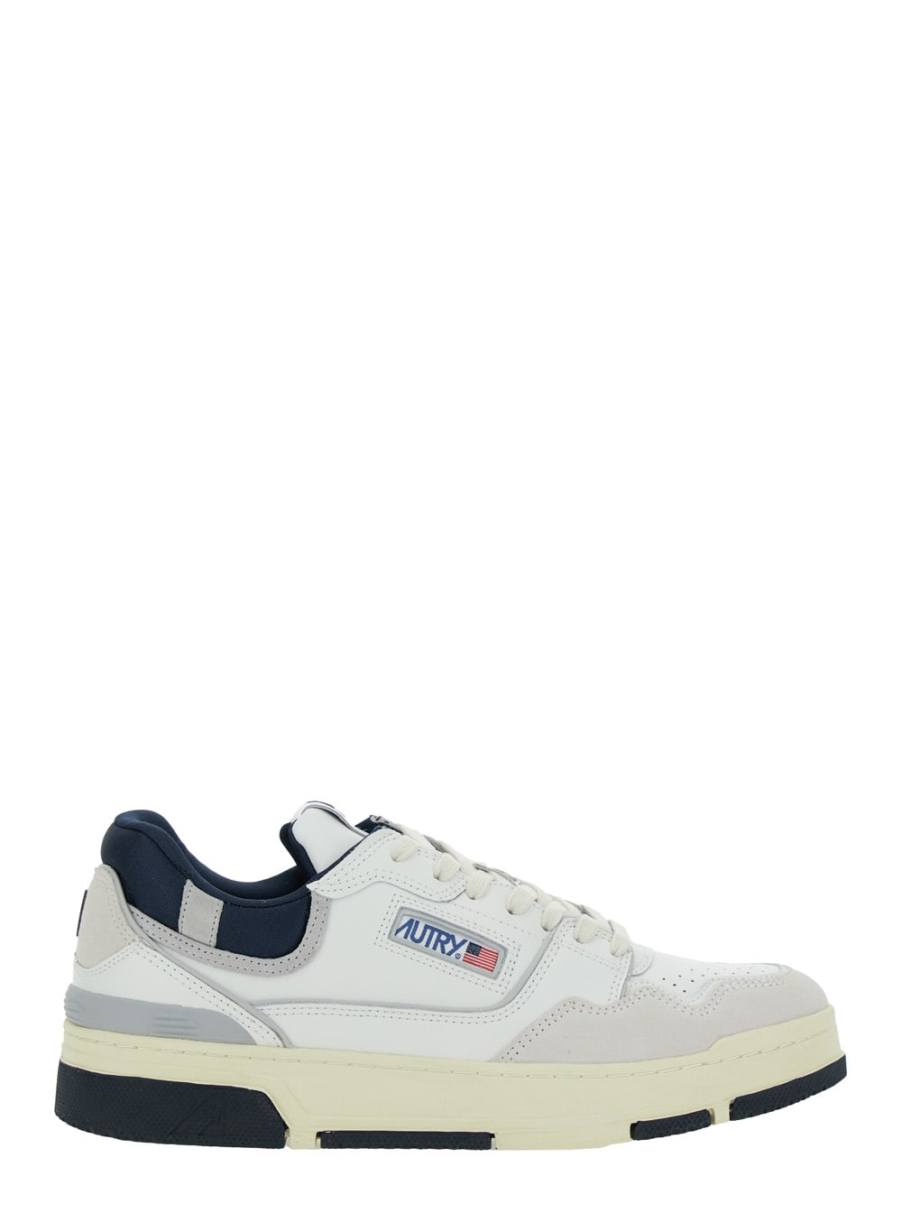 White Low Top Sneakers With Blue Details And Logo Patch In Leather Man