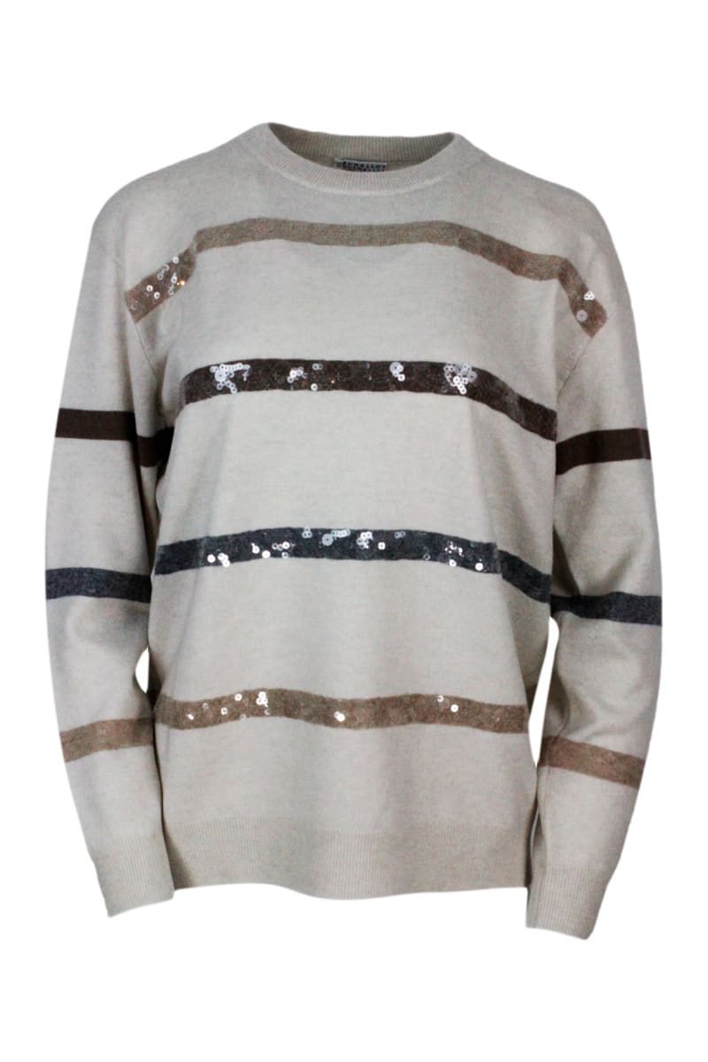 Brunello Cucinelli Long-sleeved Crewneck Sweater In Cashmere Wool And Silk With Colored Horizontal Stripes Embellished With Small Sequins