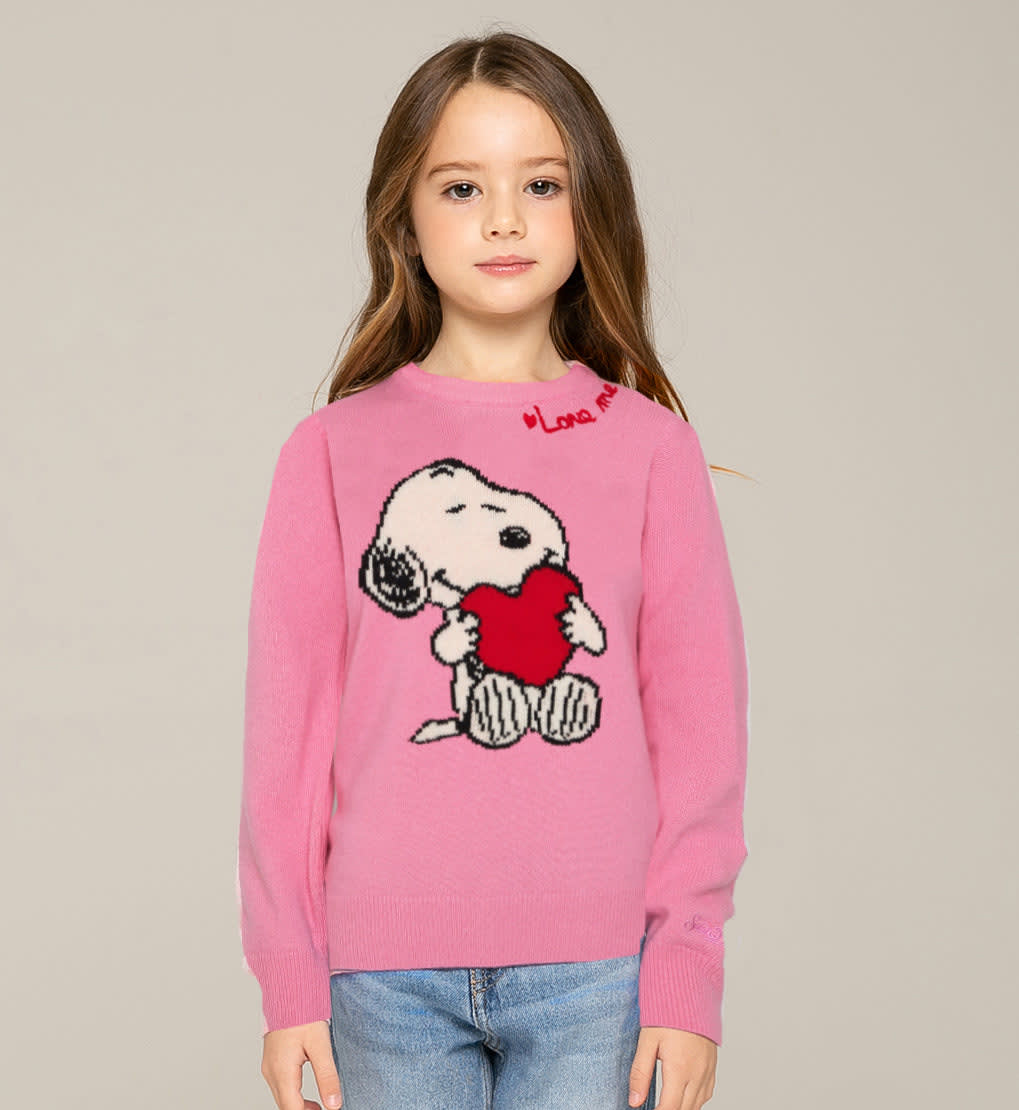 Mc2 Saint Barth Kids' Snoopy Print Girl Sweater With Love Me Embroidery Peanuts Special Edition In Pink