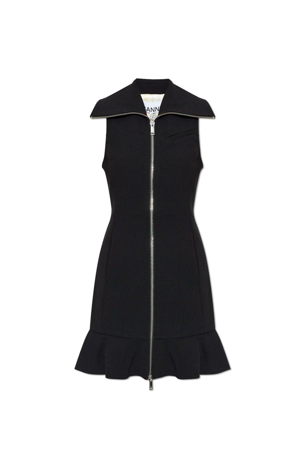 Shop Ganni Zip-up Sleeveless Mini Dress In Black