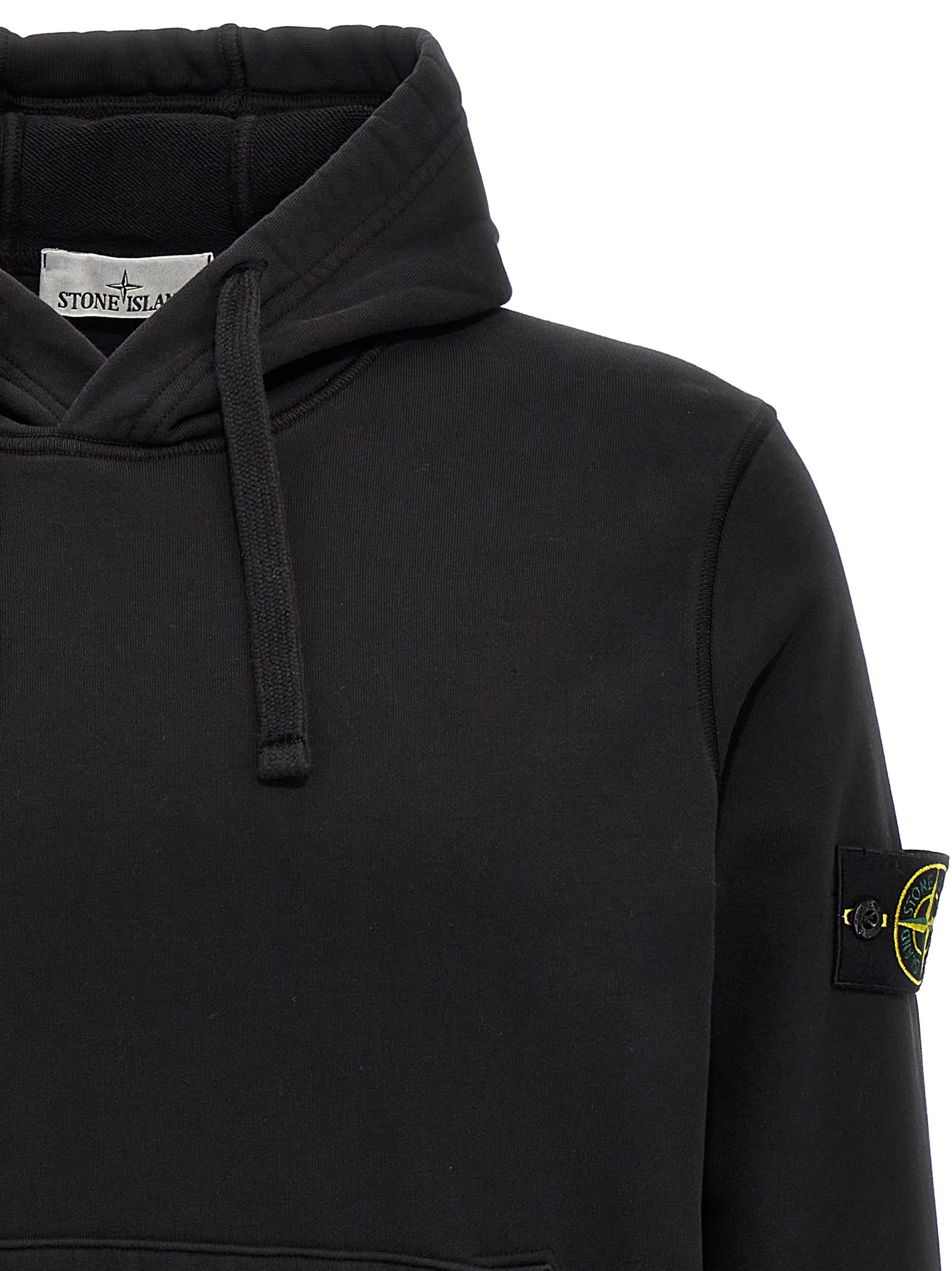 Stone Island Black Cotton Hoodie With Logo Patch In Black