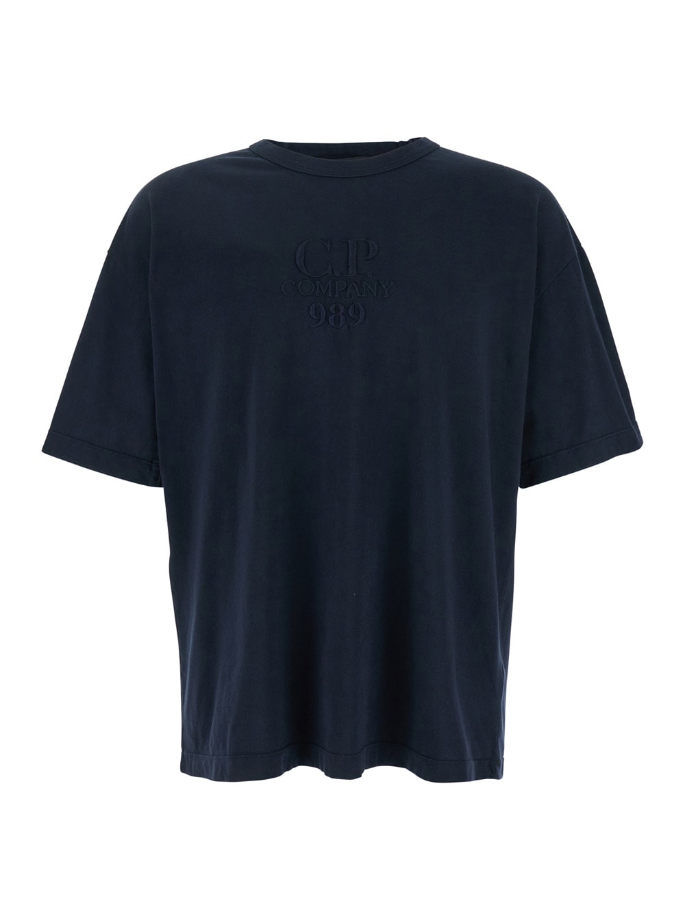 C.p. Company Blue T-shirt With Logo Embroidered On The Front Tone-on-tone