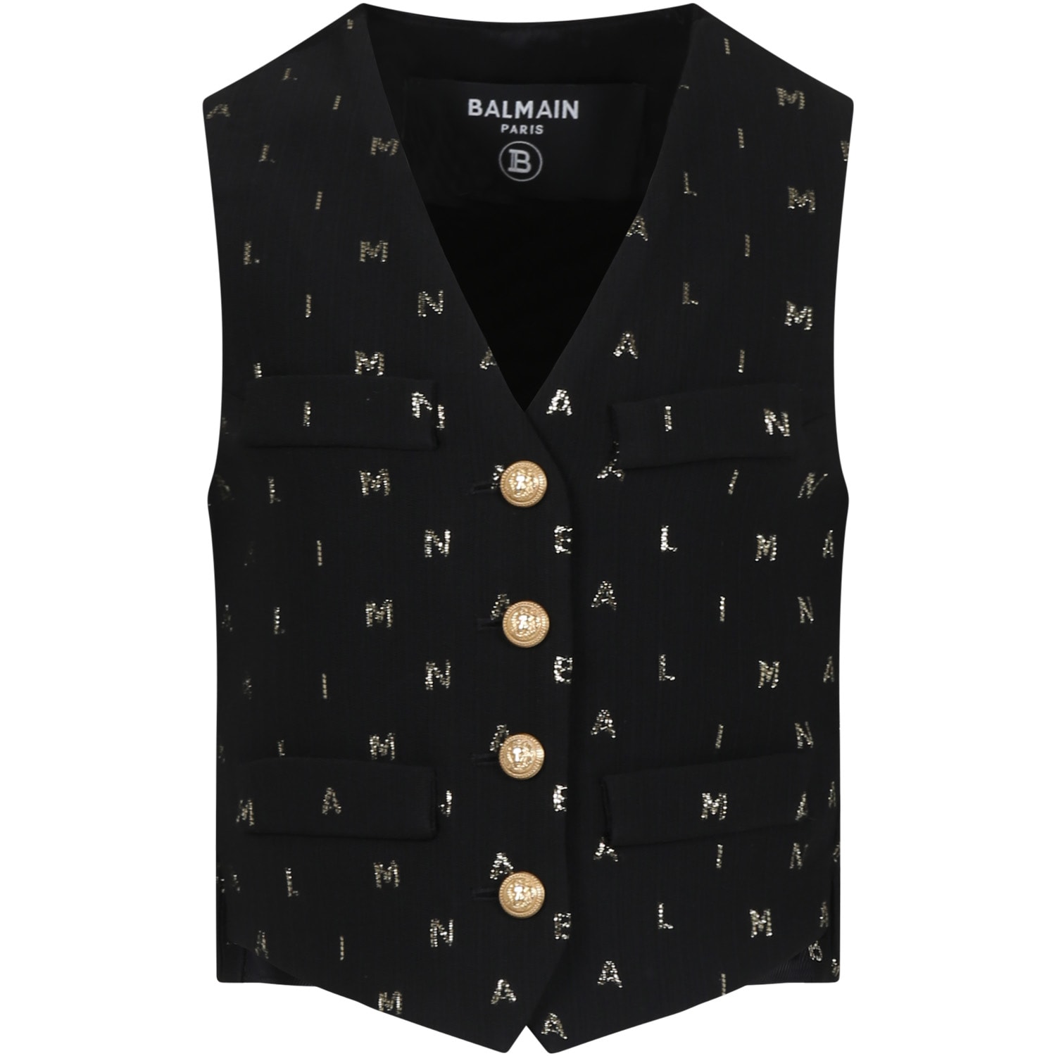Shop Balmain Black Waistcoat For Boy With All-over Logo