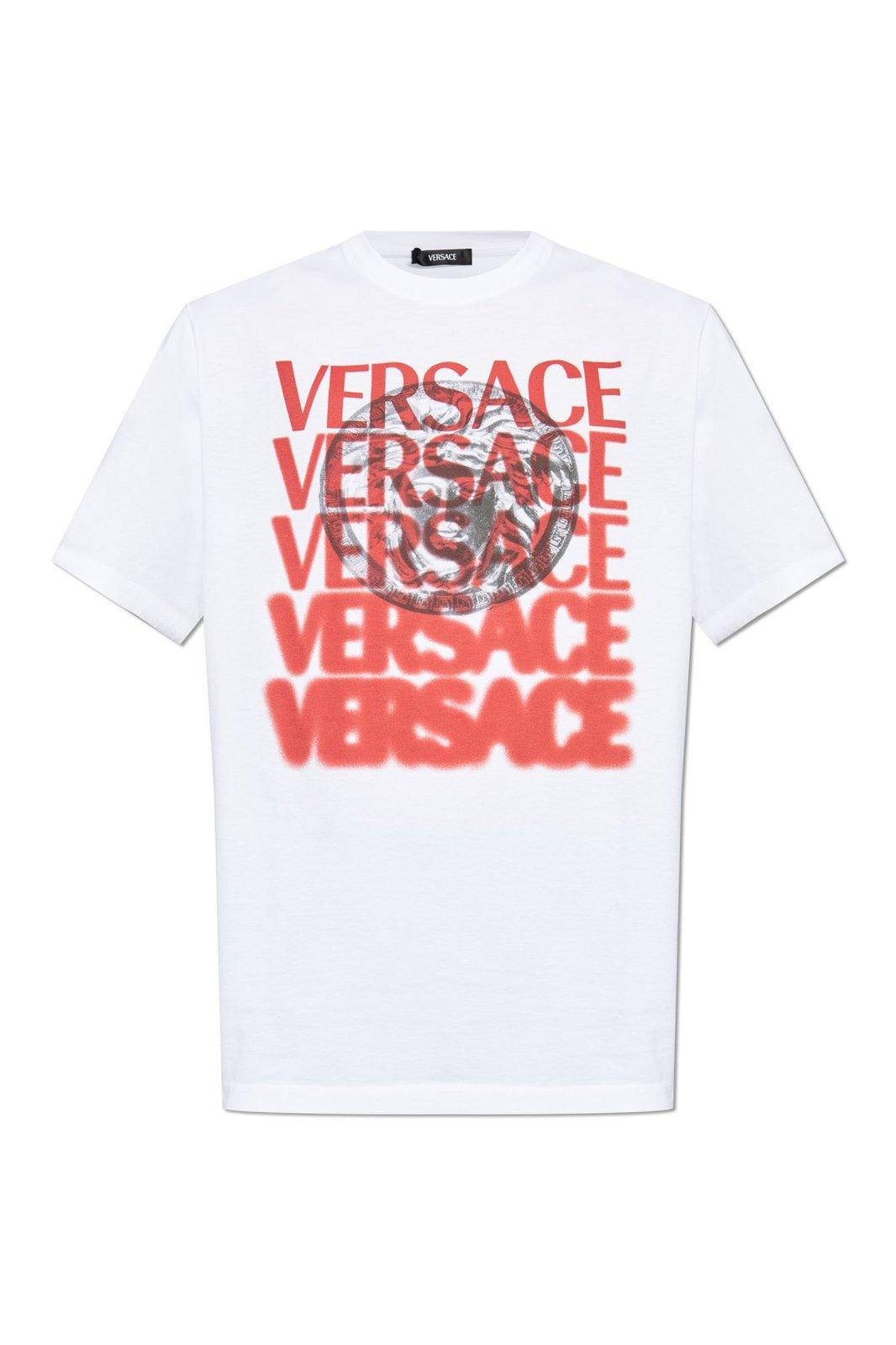 Shop Versace Logo-printed Crewneck T-shirt In White-print