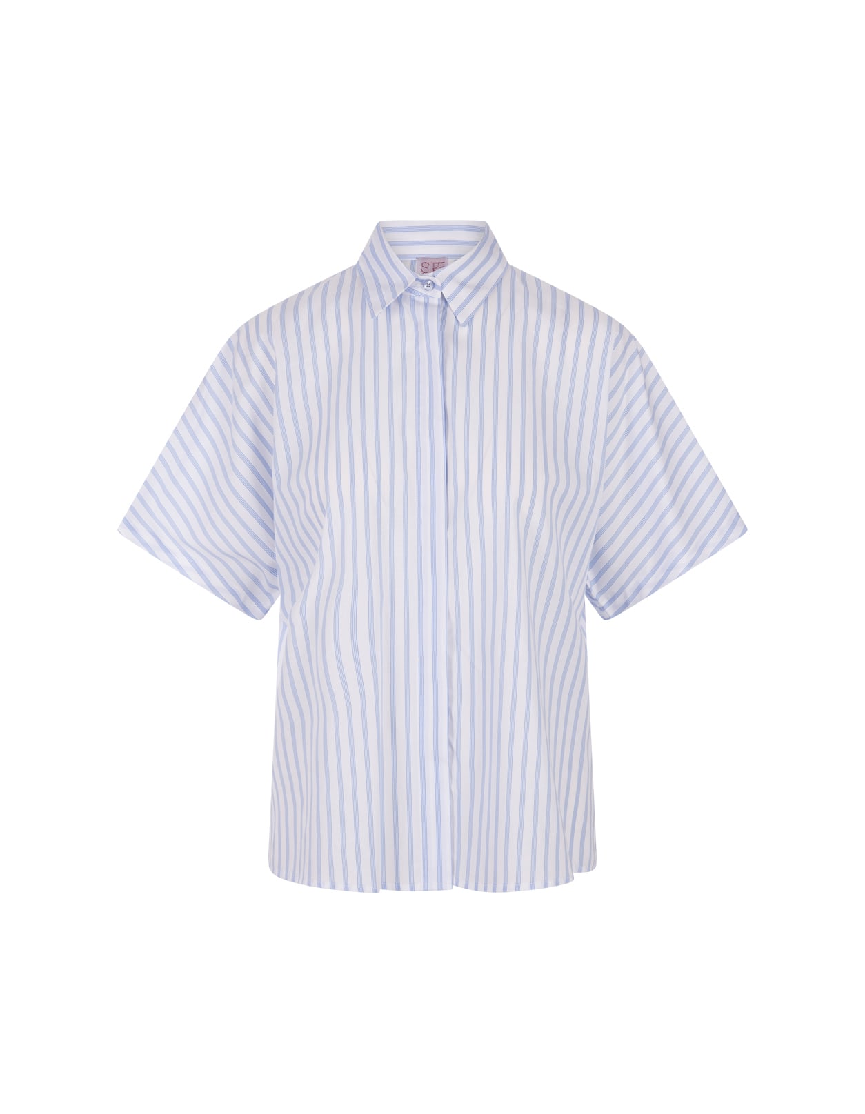 White And Blue Striped Shirt With Short Sleeves