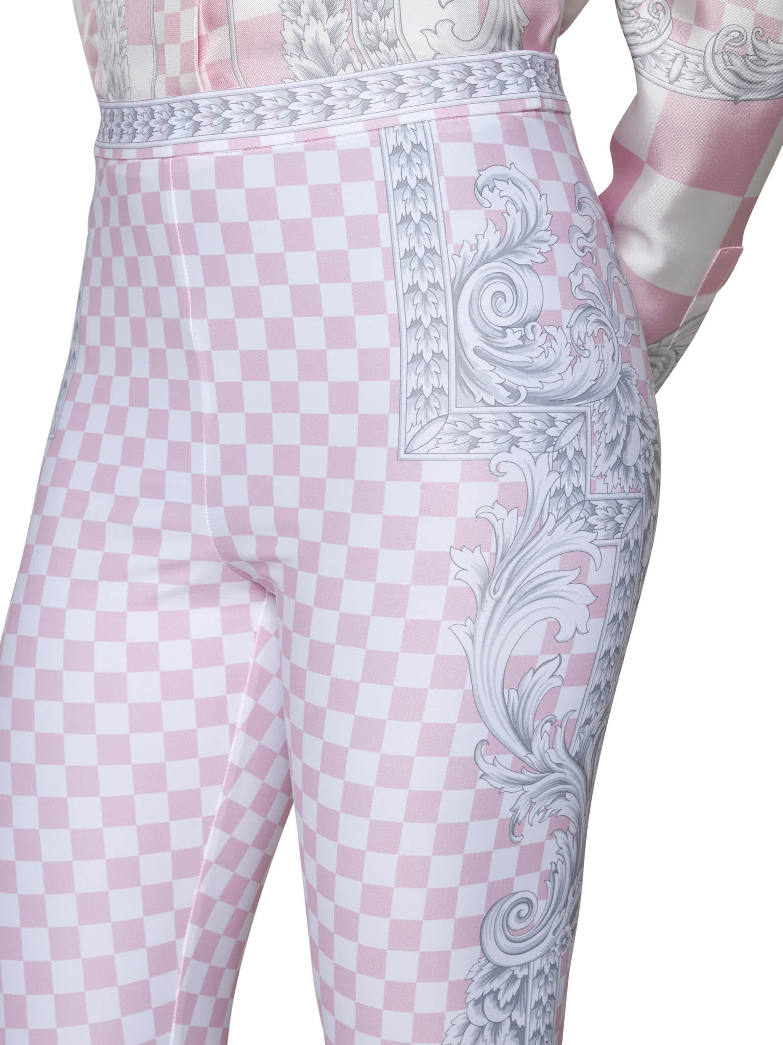 Shop Versace Pants In Pastel Pink + White + Silver