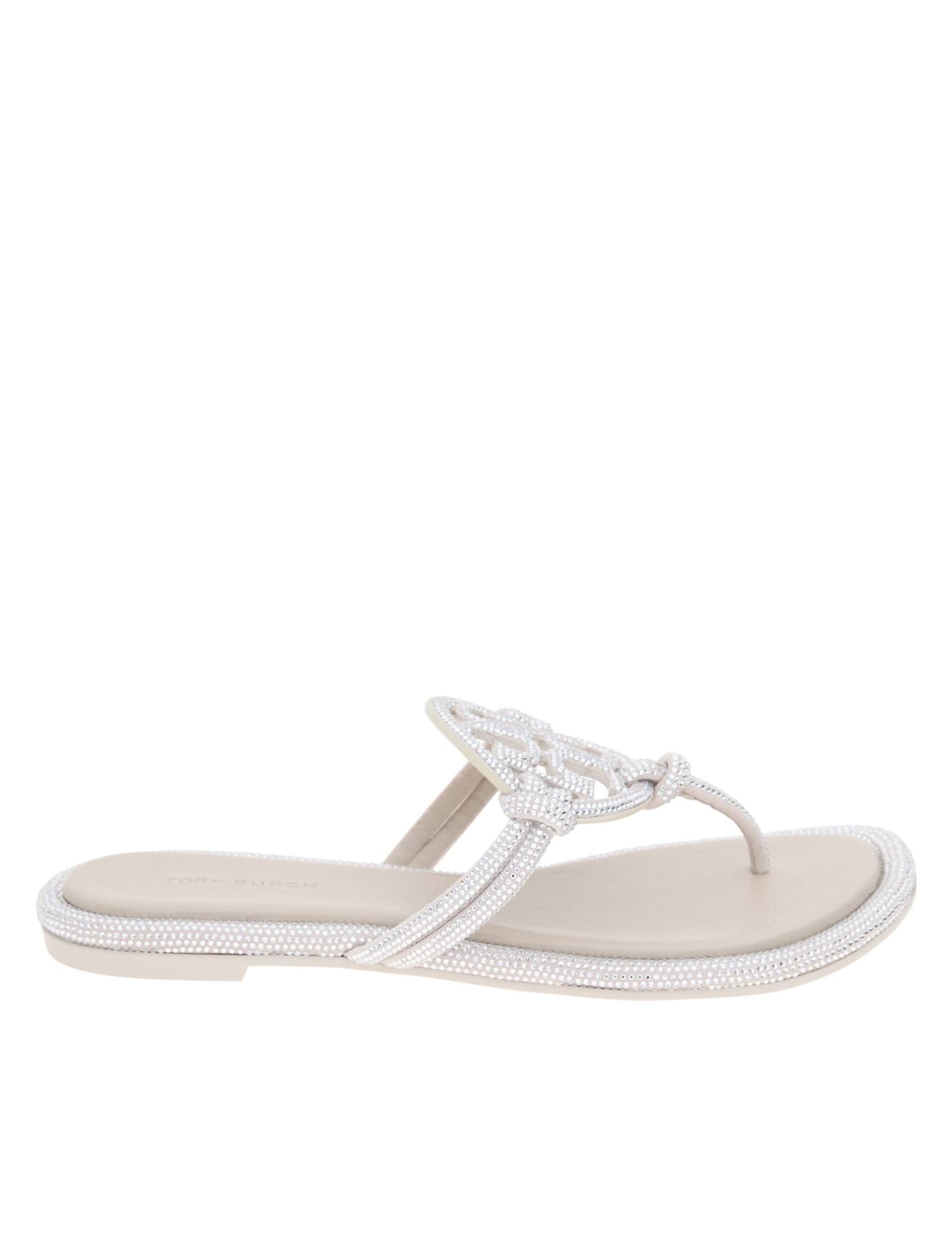 Shop Tory Burch Miller Sandal In Leather With Applied Pave In Gray